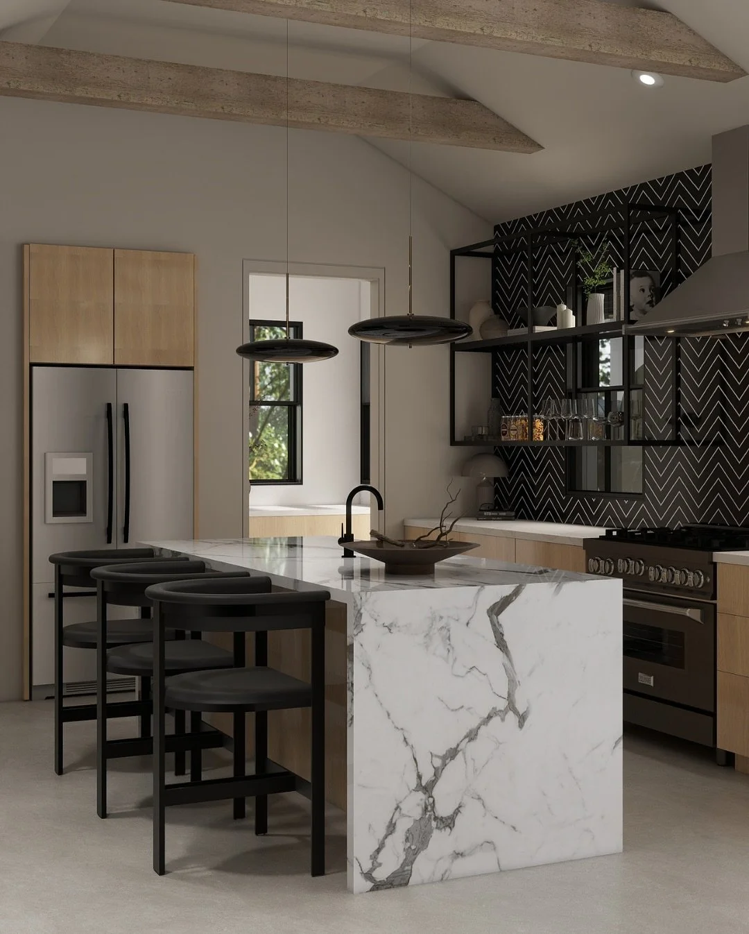 These are 4K renderings of a full interior face lift for this project located in Old Metairie. Freshly painted walls/trim/ceiling, newly stained interior doors, faux beam installation, new lighting and furniture, custom industrial open shelving, and 