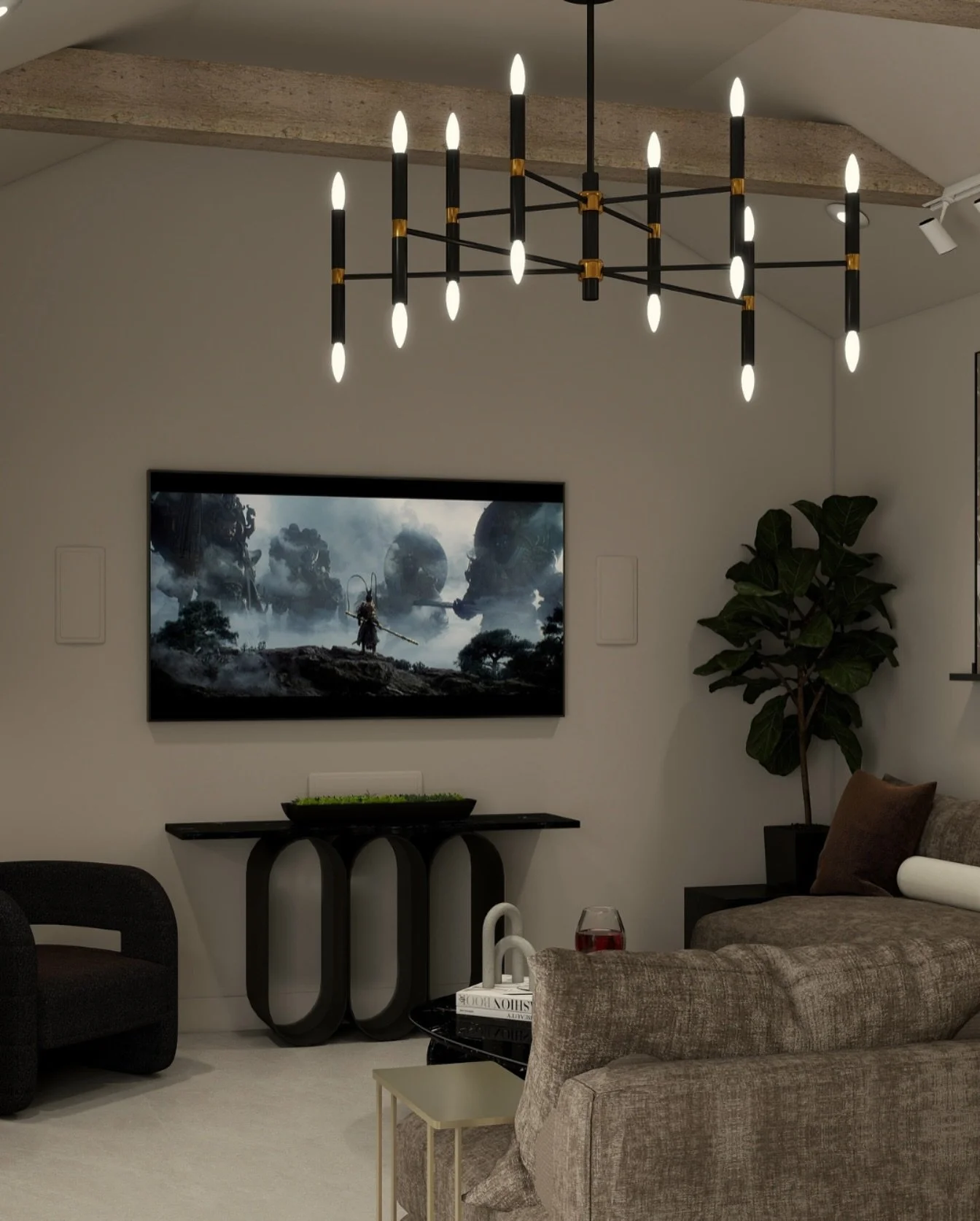 The right light changes everything. This sculptural fixture sets the tone for the room, giving modern lines and warmth that balance the textures throughout the space.

At Boswell Design, we see lighting as more than a finishing touch. It&rsquo;s the 