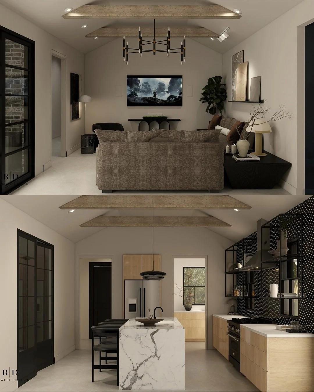 ✨ Modern lines meet natural textures in a space designed for both living and gathering. The vaulted ceiling with exposed beams draws the eye upward, while layered details keep the rooms grounded and inviting.

🖤 From the sculptural light fixtures to