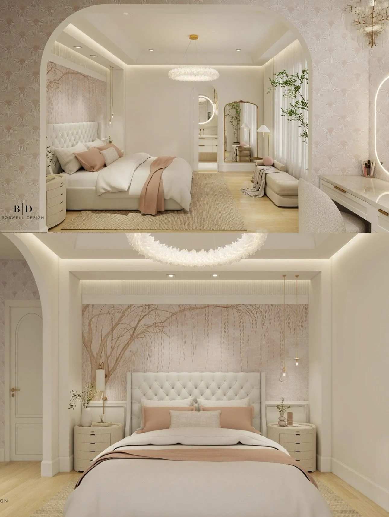 A serene retreat designed for rest and quiet luxury. Soft blush tones, sculptural lighting, and subtle texture create a space that feels as graceful as it looks.

Every detail thoughtfully placed and every finish intentional. Boswell Design at its mo