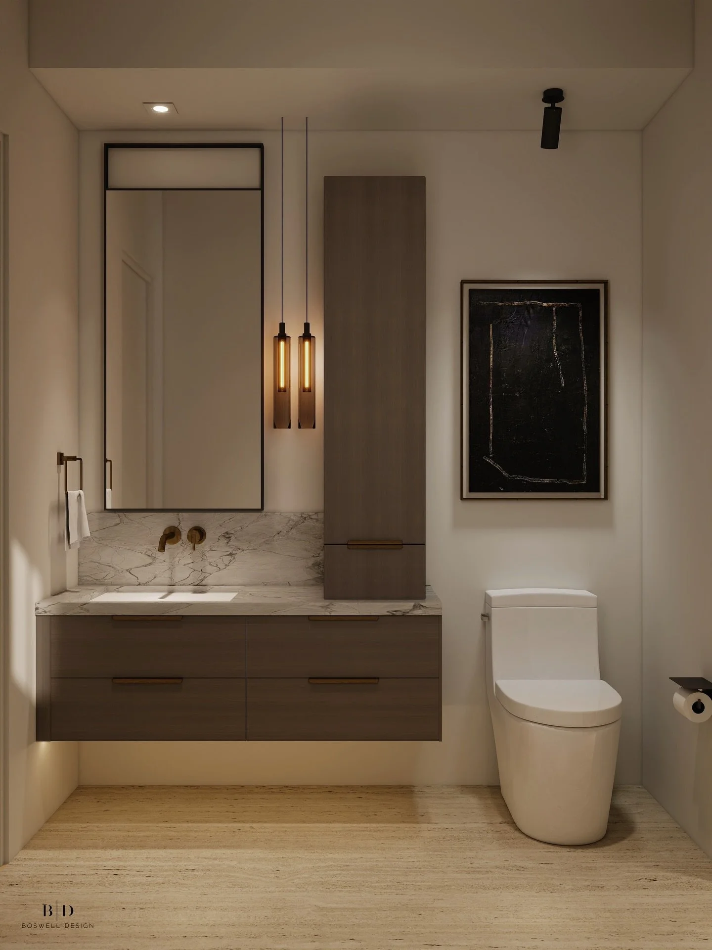 Linear forms and layered lighting work together to create a composition that feels precise, balanced, and intentional.

#boswelldesign #interiordesignstudio #architecturalinteriors #moderninteriors #designinspo