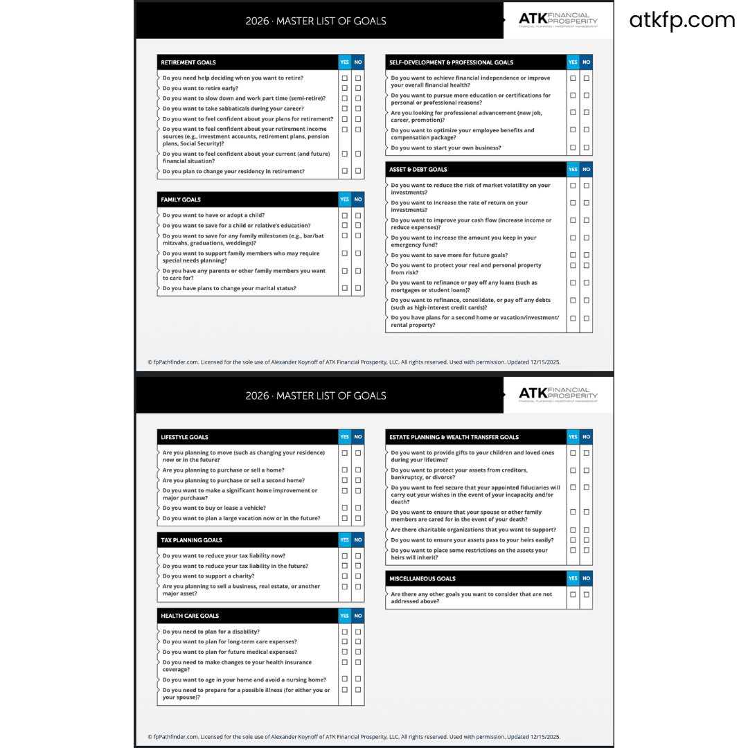 Master list of financial and life goals checklist for 2026, including categories for retirement, family, lifestyle, estate planning, tax planning, health care, self-development, asset and debt goals, and miscellaneous goals.