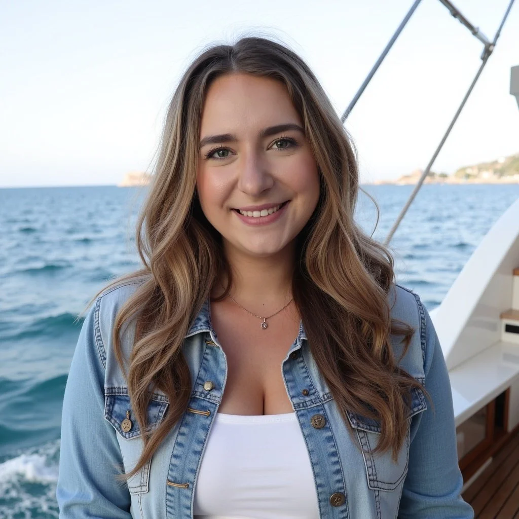 A young woman with long, wavy brown hair, smiling, on a boat with water and distant shoreline in the background.