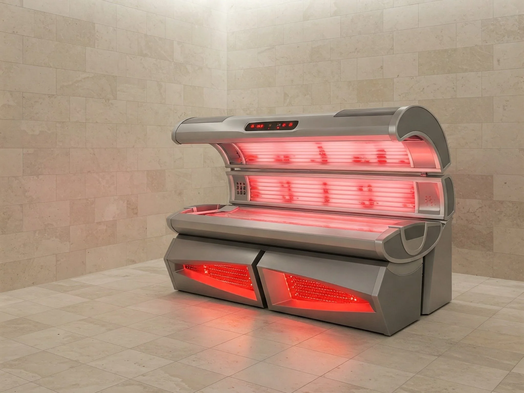 Modern tanning bed displaying red light in a tiled room.