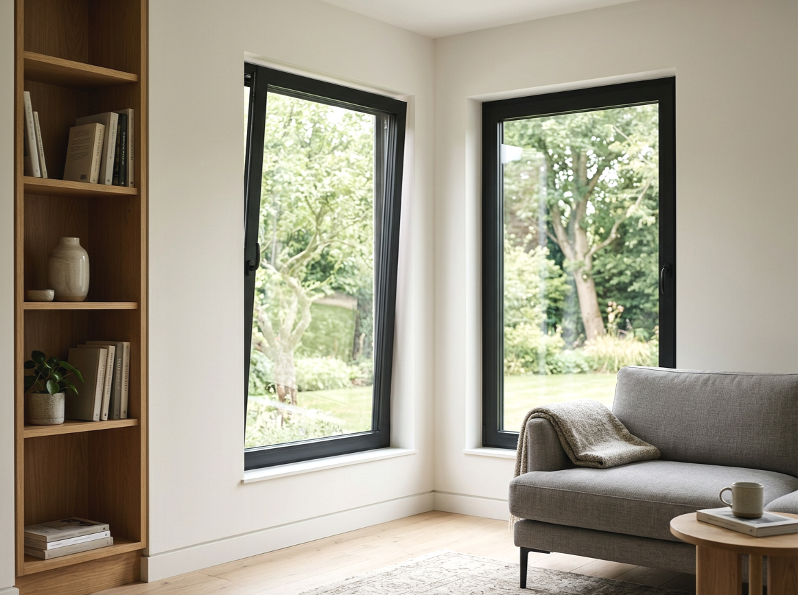 black upvc tilt and turn windows open and closed