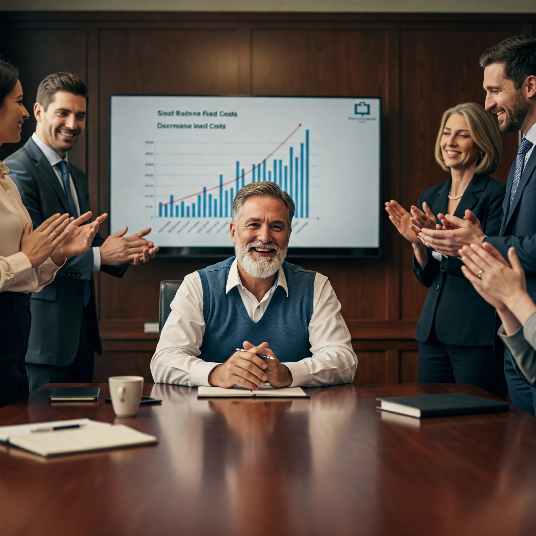 Business meeting with a group of professionals applauding around a table, with a chart displayed on a screen in the background.
