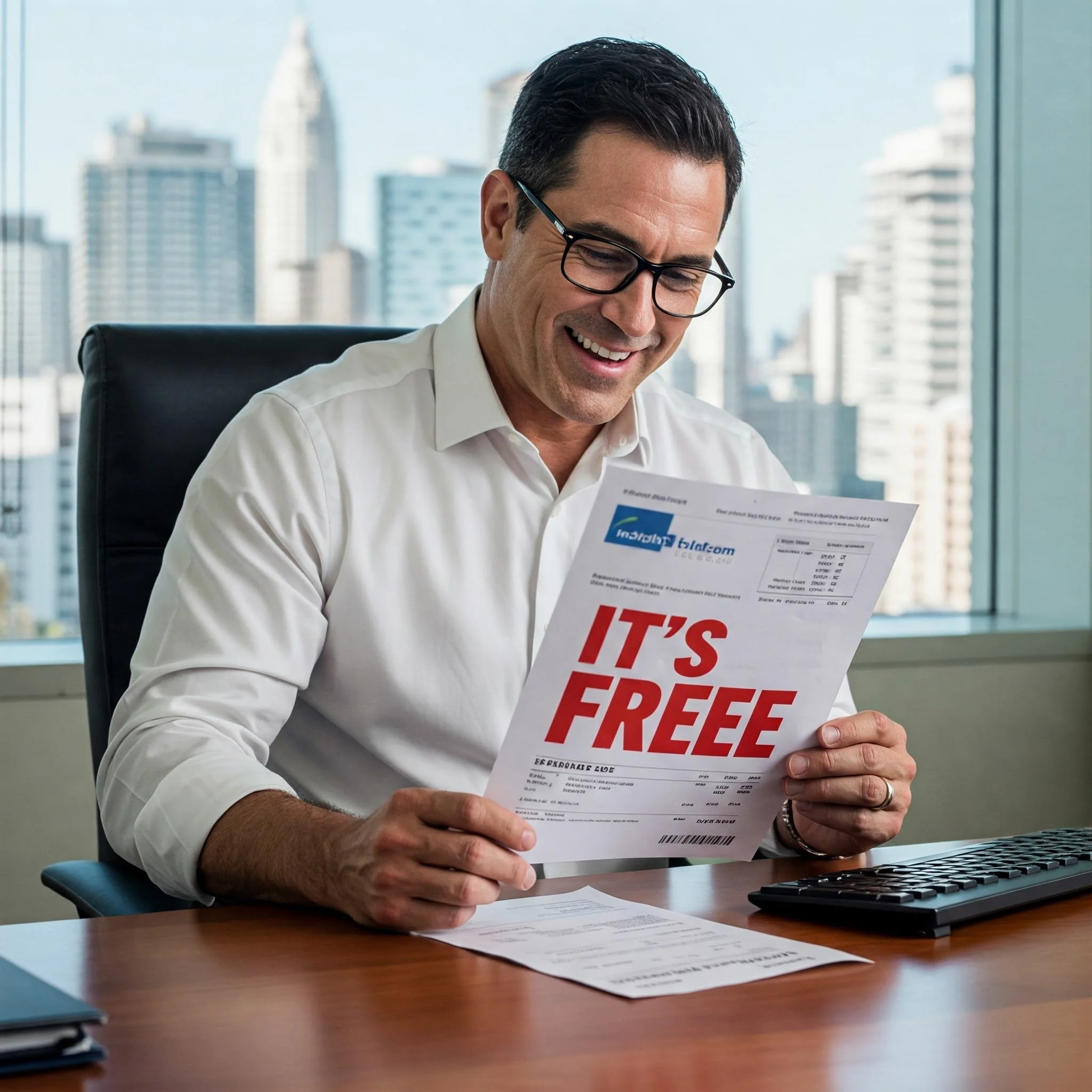A man smiling and holding a receipt that says "IT'S FREE" in red letters.  This shows the advantage of working with Insights Telecom.  It shows how consolidating vendors can actually lead to a no-cost review or telecom expenses.