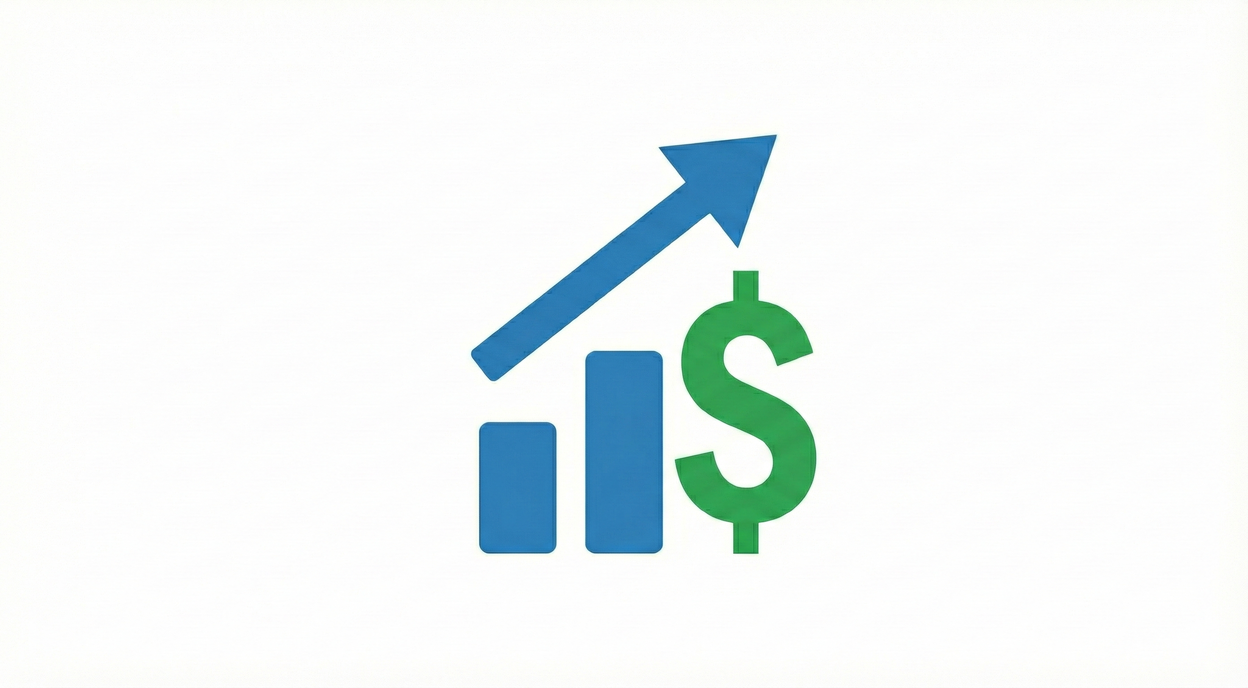 Bar chart with three blue bars increasing in size, a green dollar sign overlay, and a blue upward-pointing arrow indicating growth and financial success.