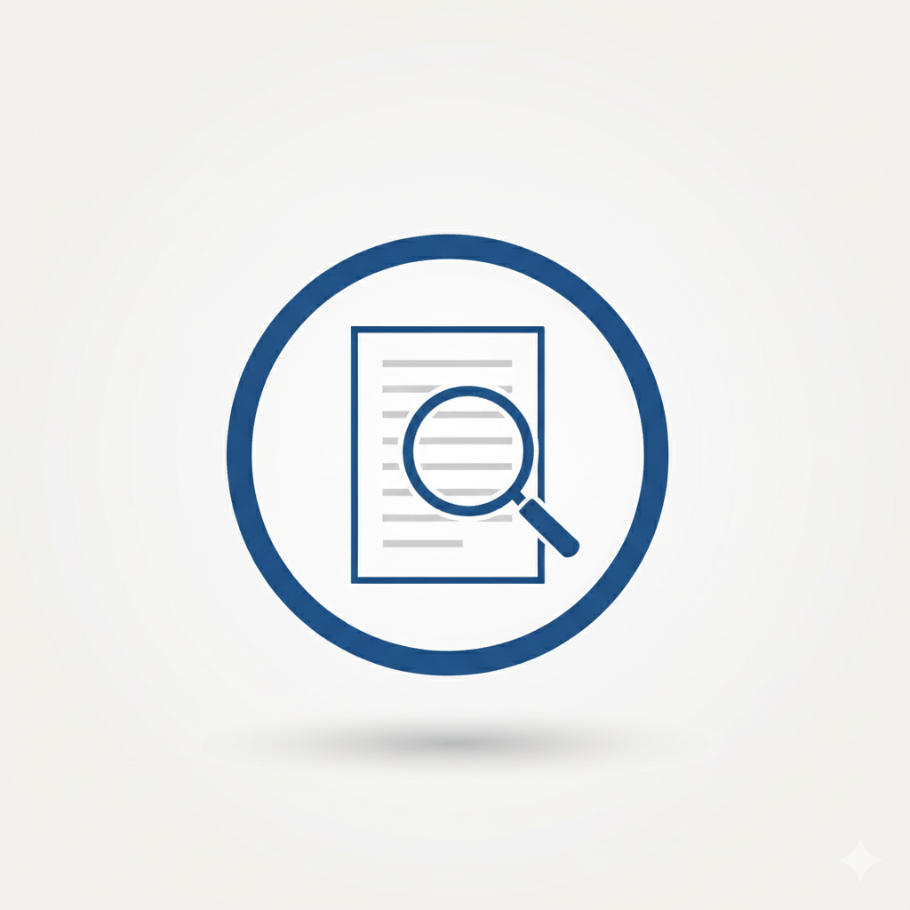 Icon of a document with a magnifying glass over it, enclosed in a blue circle.