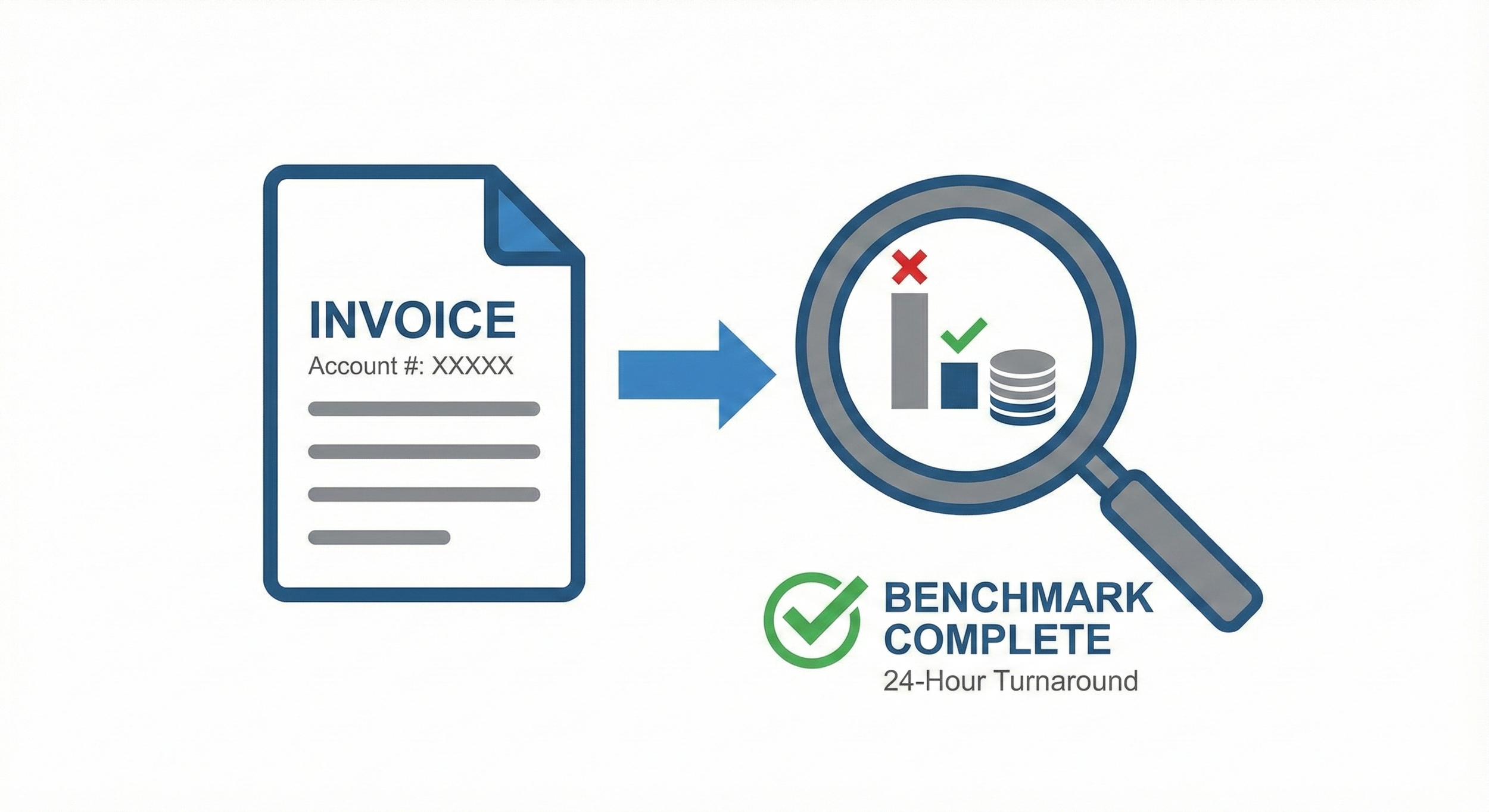 An illustration showing an invoice on the left, with an arrow pointing to a magnifying glass examining bar and pie charts with a stack of coins inside. Below, a green check mark and the text 'BENCHMARK COMPLETE 24-Hour Turnaround' indicating a process of invoice analysis and benchmarking.