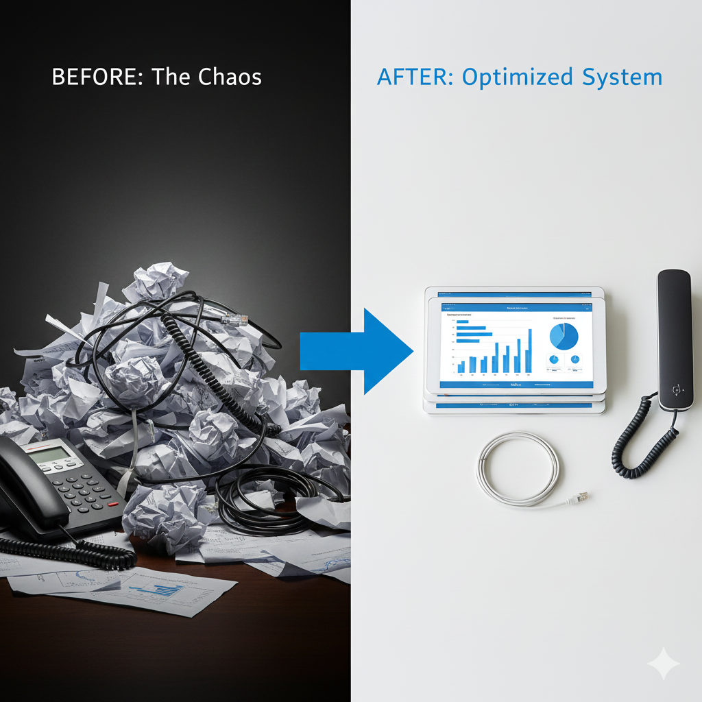 Comparison of a cluttered desk with crumpled papers and tangled cords labeled 'BEFORE: The Chaos' on the left, and a clean workspace with organized electronic devices and a tablet displaying charts labeled 'AFTER: Optimized System' on the right.
