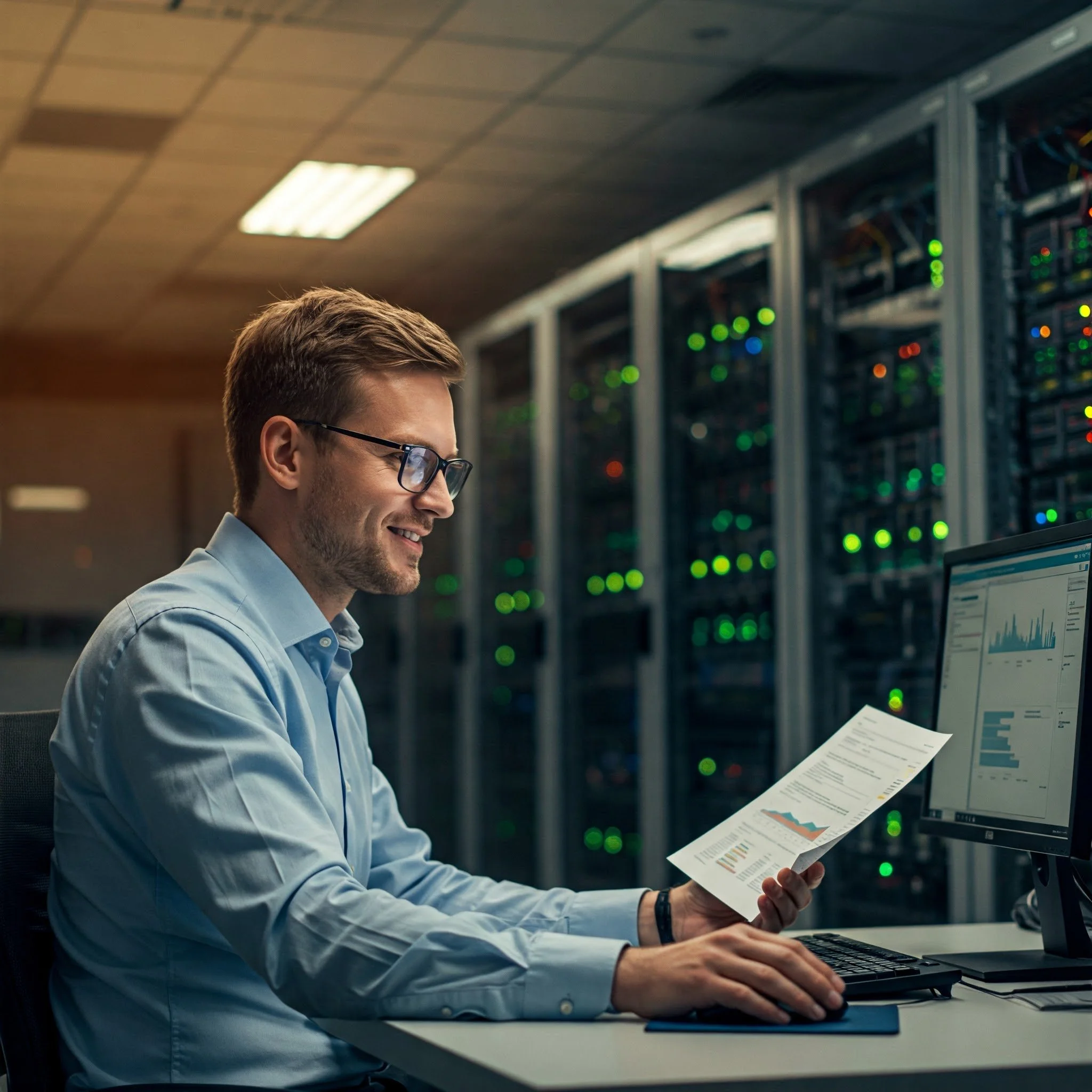 Person analyzing data on a computer in a server room.