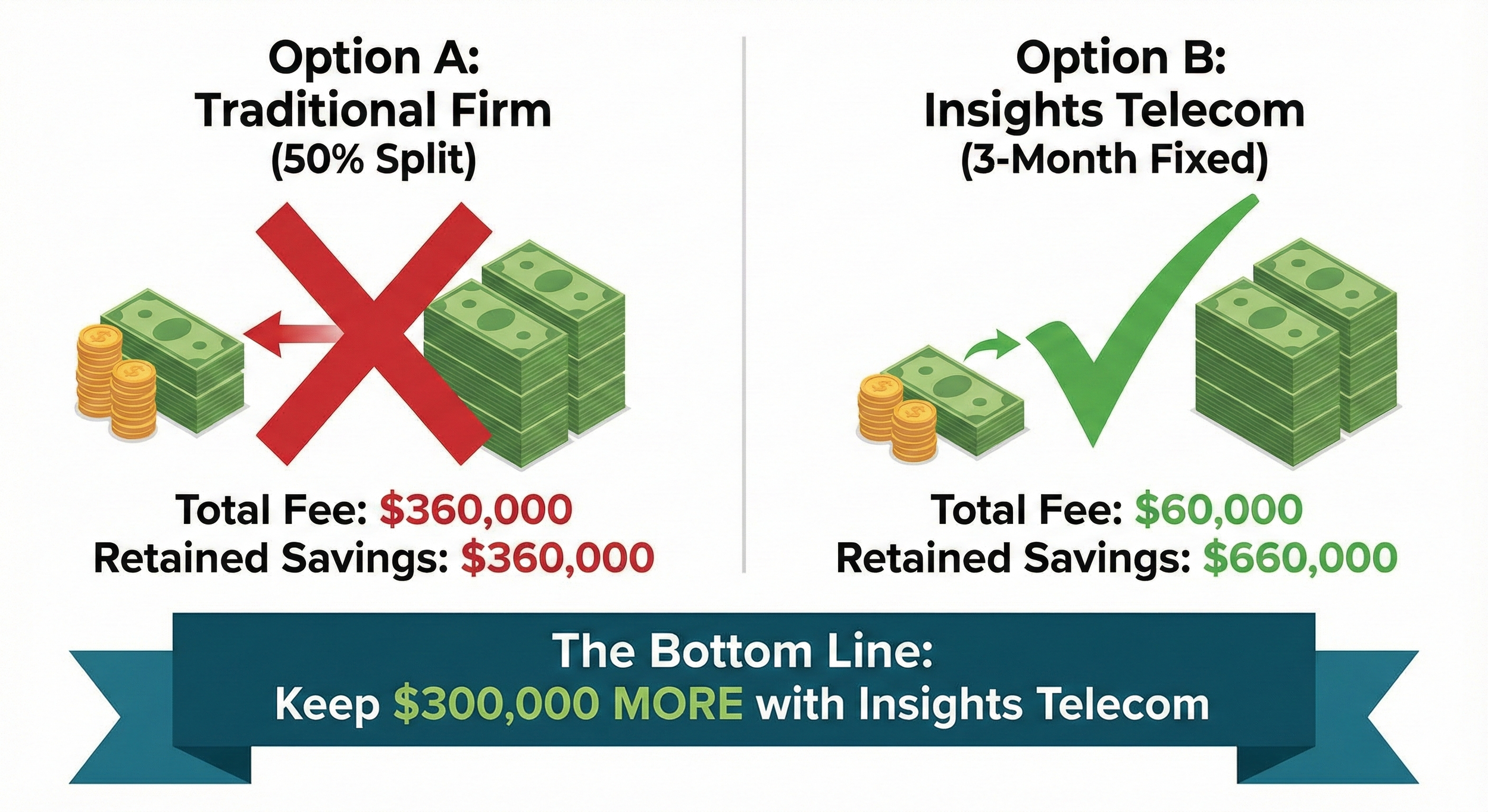 Comparison of two telecom service options, A and B: Option A, a traditional firm with a 50% split, has a total fee of $360,000 with $360,000 retained savings, marked with a red 'X'. Option B, Insights Telecom's 3-month fixed plan, costs $60,000 with $660,000 retained savings, marked with a green check. A message below emphasizes saving $300,000 more with Insights Telecom.