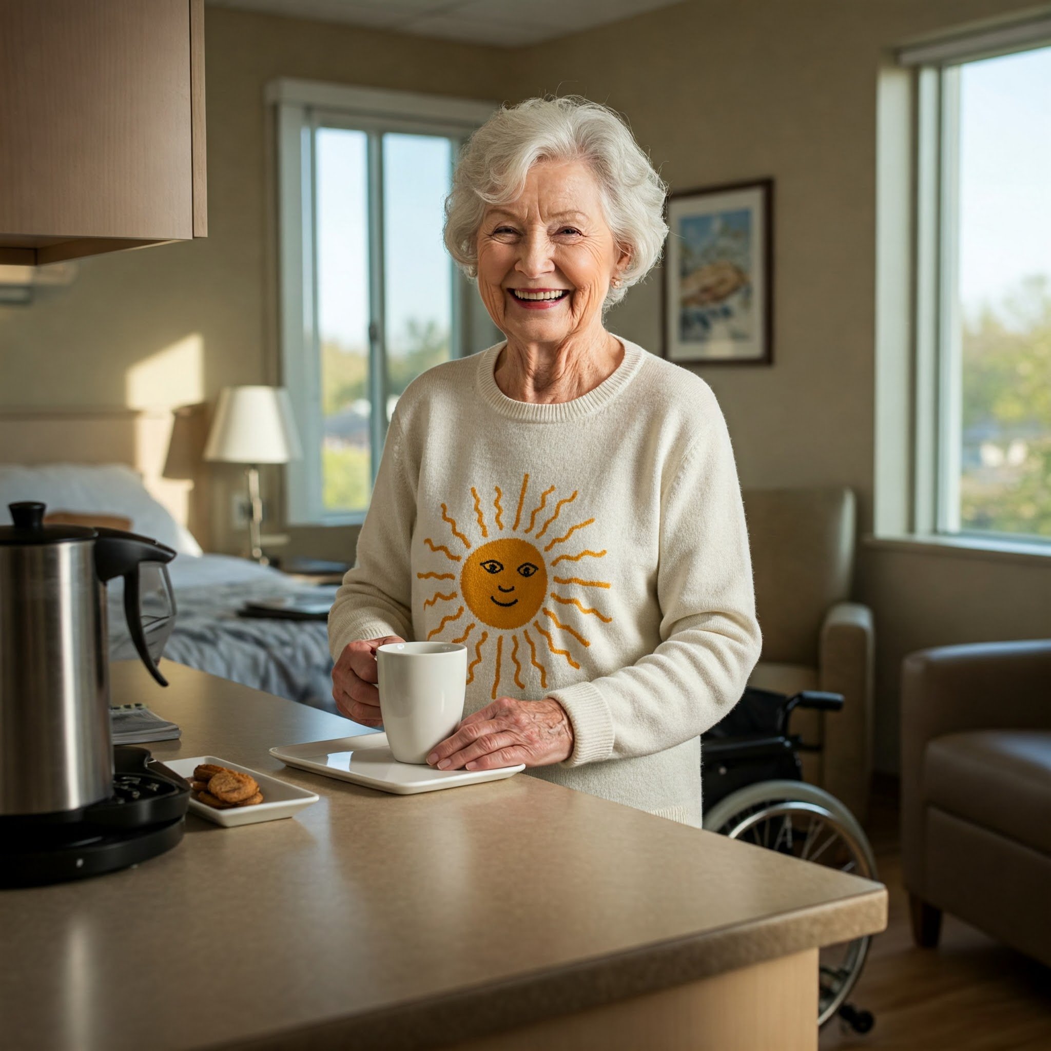 Older woman in a bright room holding a mug, wearing a sweater with a sun design, next to a table with a coffee maker and cookies.