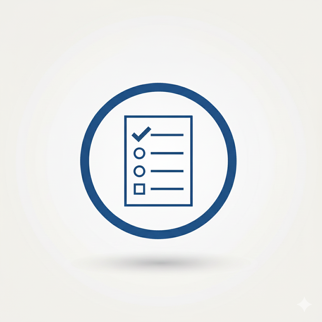 A blue checkmark and checklist icon on a white background.