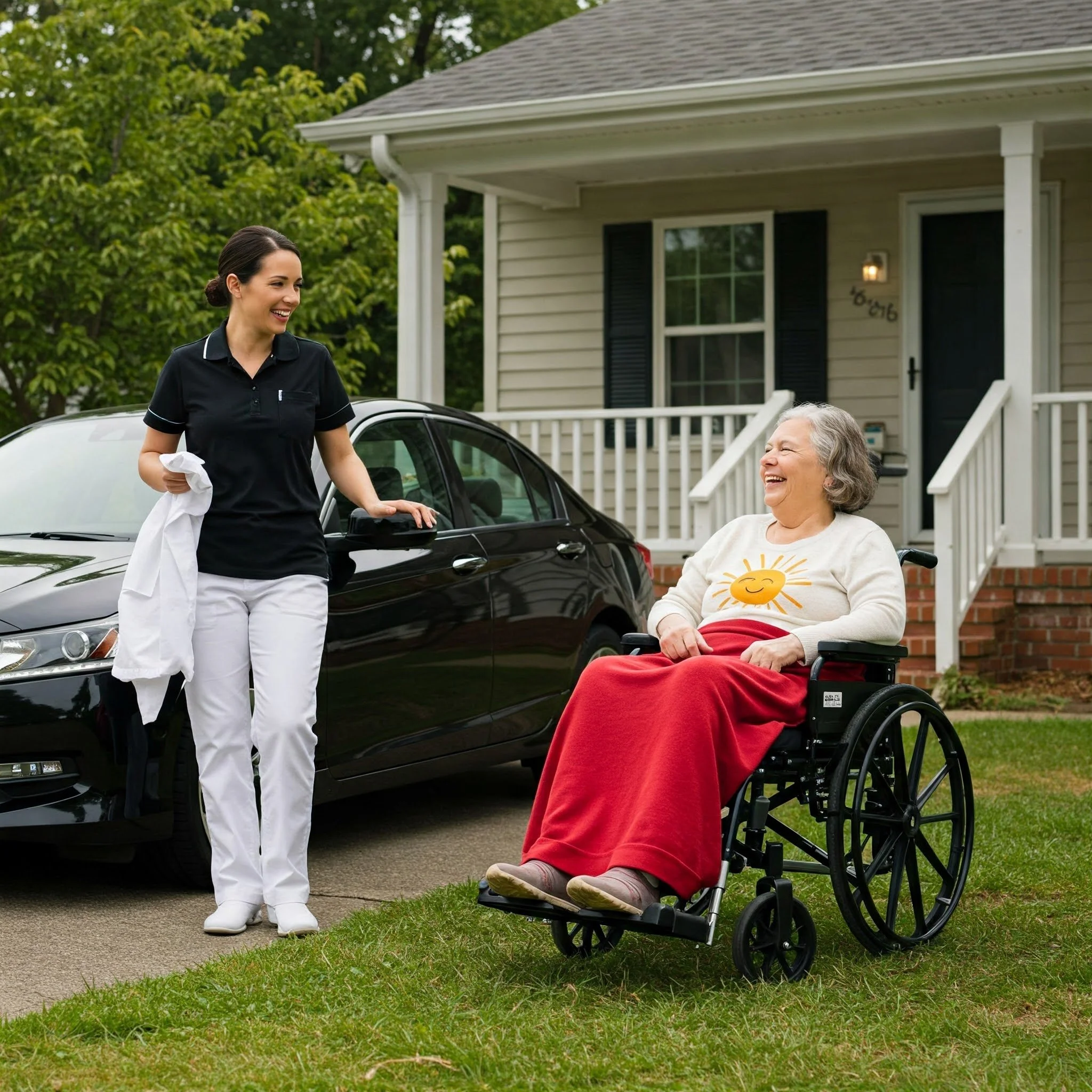 A caregiver stands beside a car talking to a smiling elderly woman in a wheelchair outside a house. The woman is wearing a sweater with a sun design and a red blanket over her lap. Assisted, Independent Living, Acute Care, Cost Savings, Cost savings