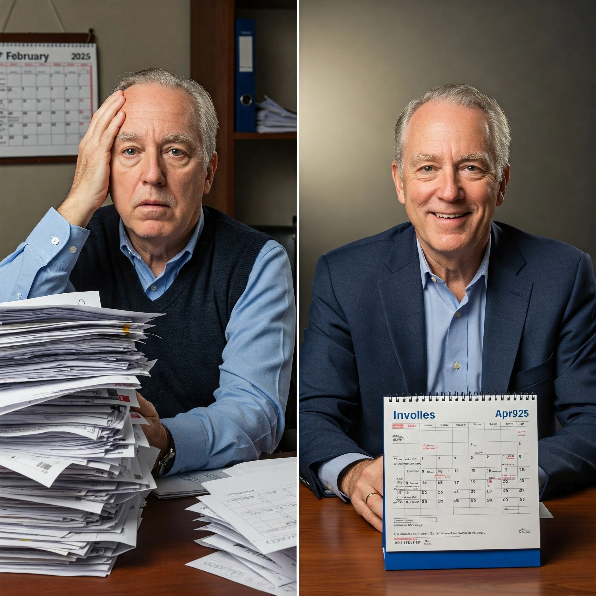 Side-by-side image of an older man. Left: Sitting next to a large stack of papers, looking stressed. A February 2025 calendar on the wall. Right: Same man smiling, holding a calendar with April 925 written on it, looking relieved. Office setting.