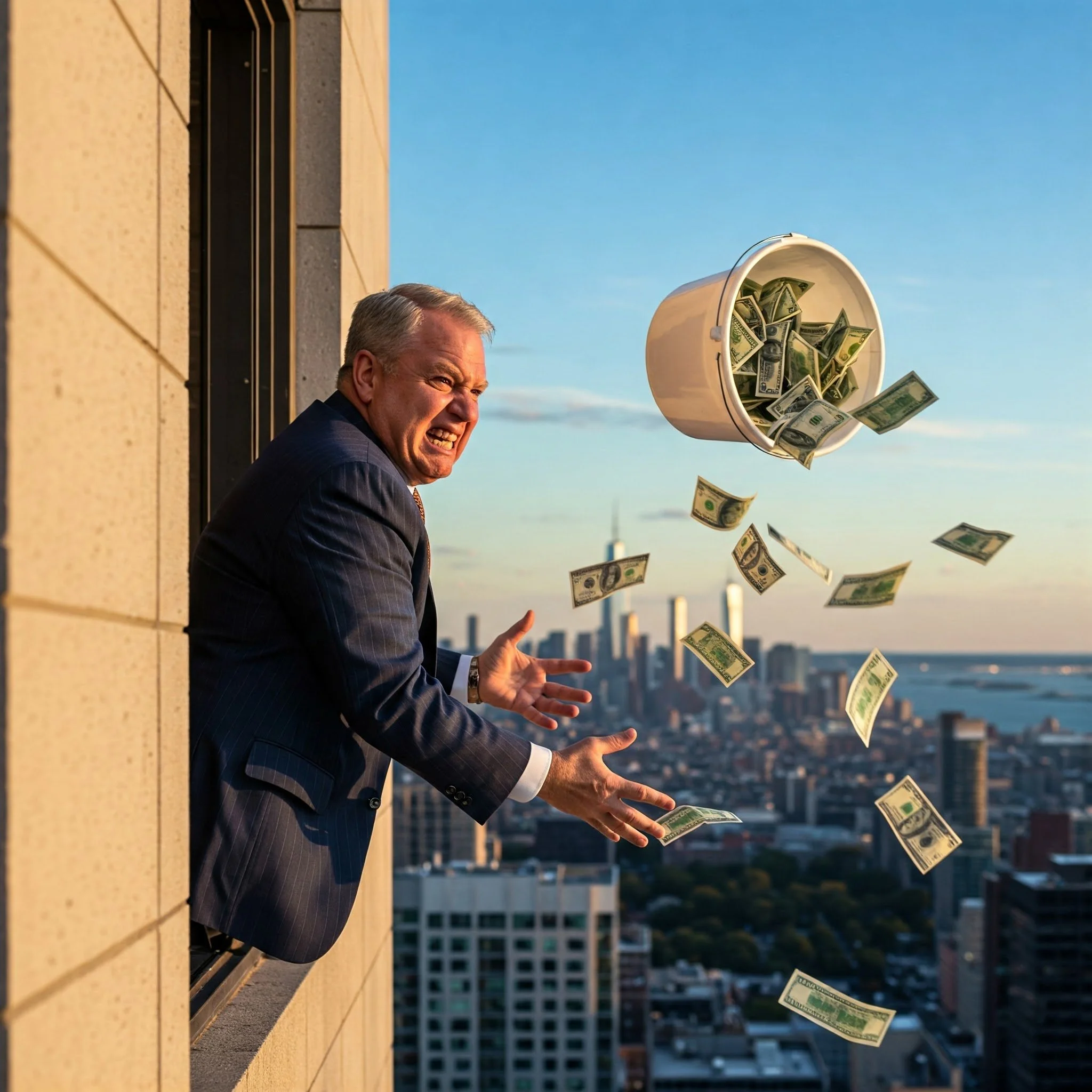 Man tossing money from a high-rise window with cityscape below. Cost savings, cost reduction, cost savings, Telecommunications, MSP,