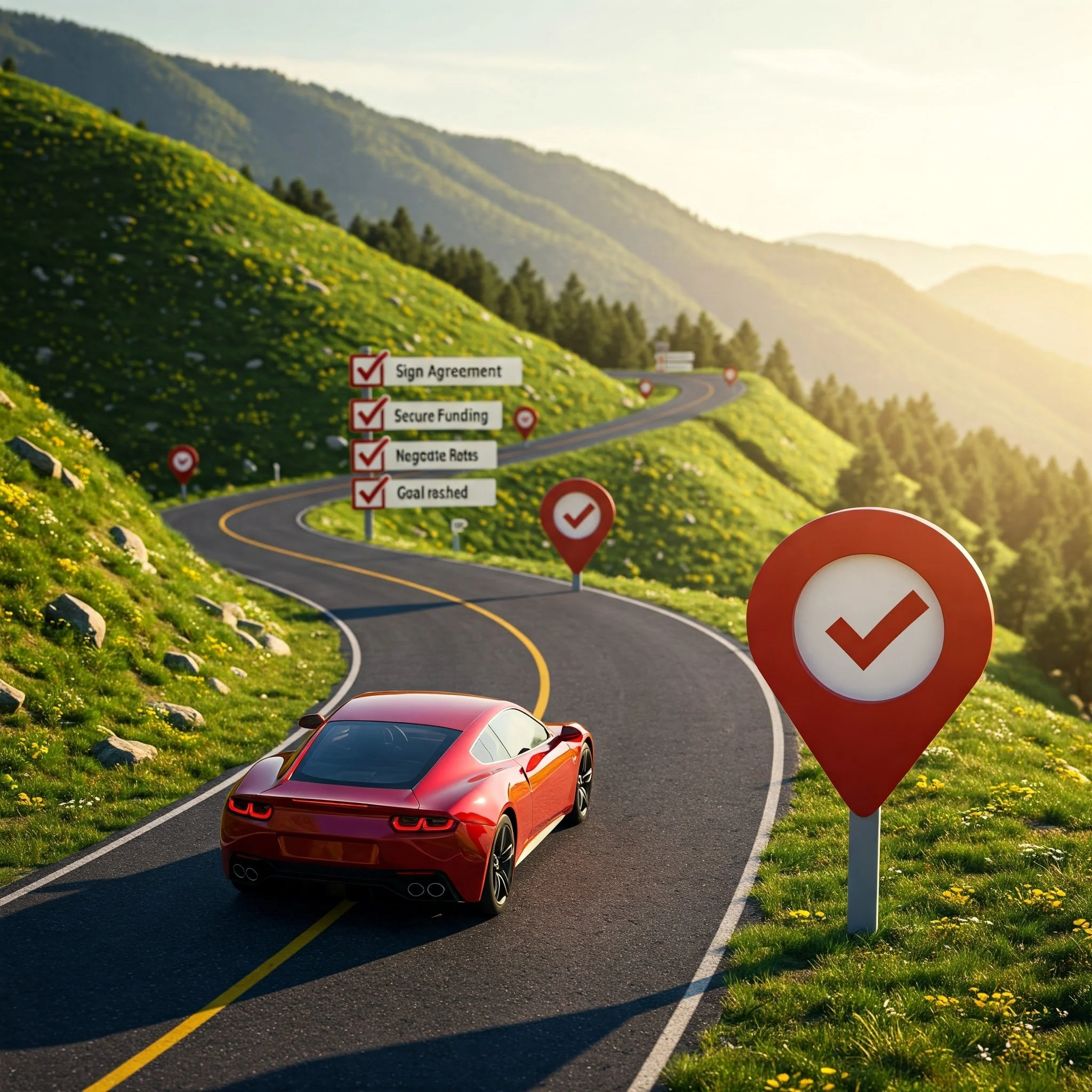 Red sports car on a winding mountain road with checkmark location markers, representing completed tasks like signing agreements and securing funding.