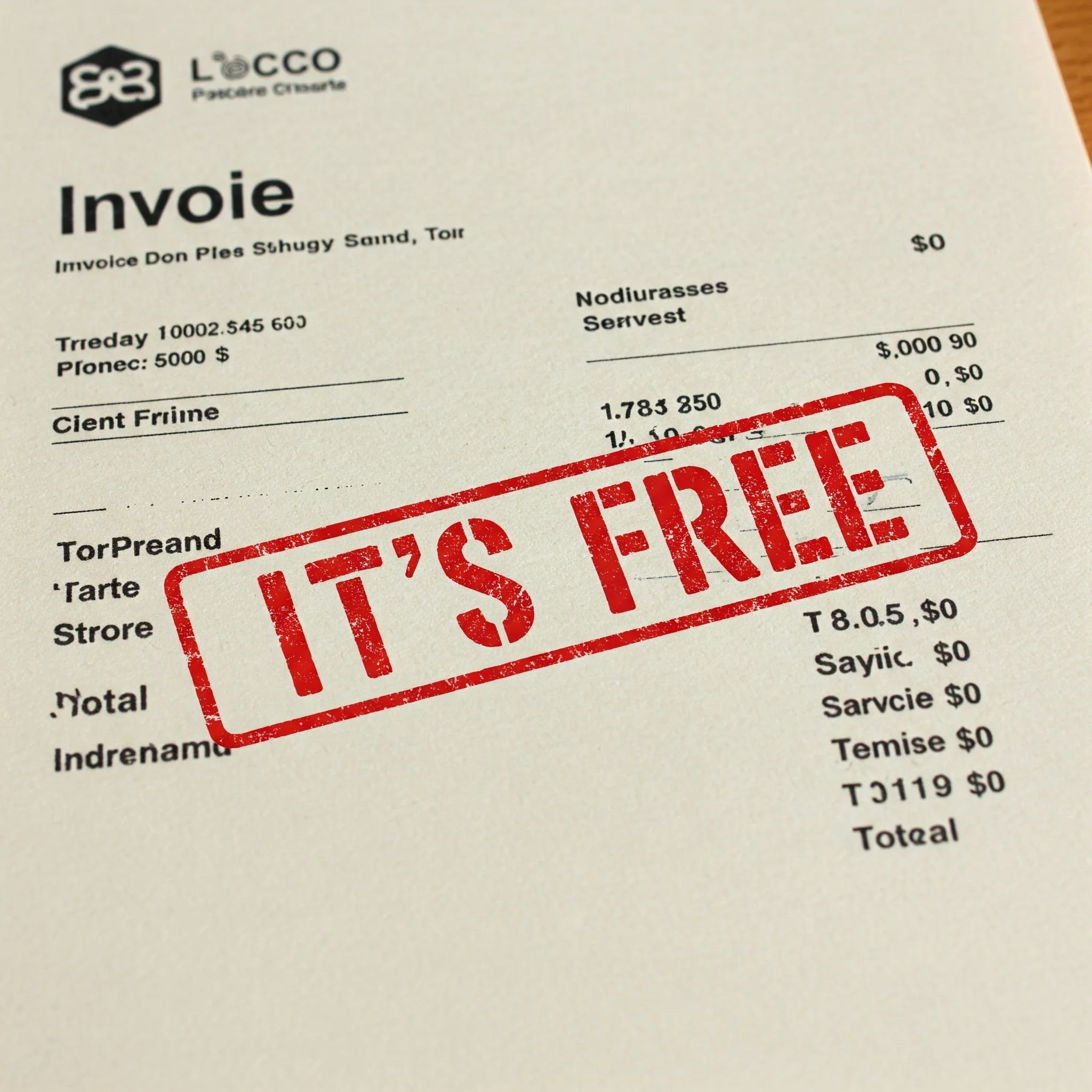 An invoice stamped with "IT'S FREE" in red ink. Free Consultation, Telecom Consulting, Vendor Consolidation, Cost Reductions