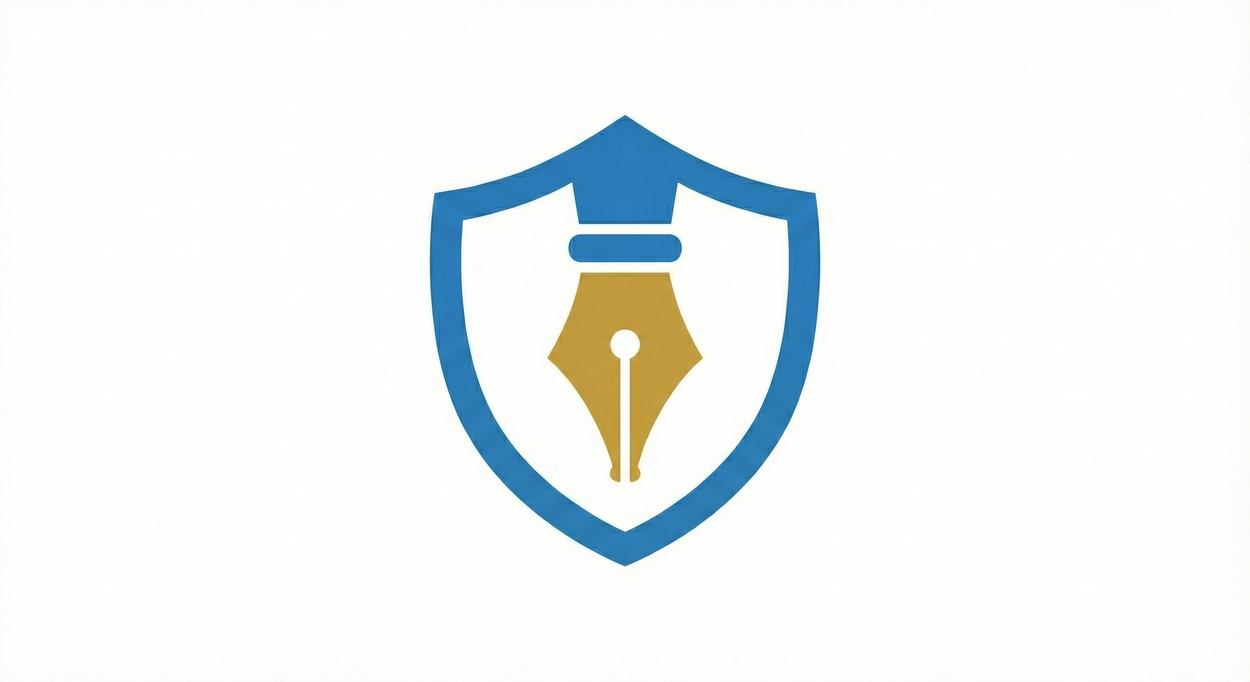 A logo featuring a shield outline with a blue border, inside of which is a gold fountain pen nib.