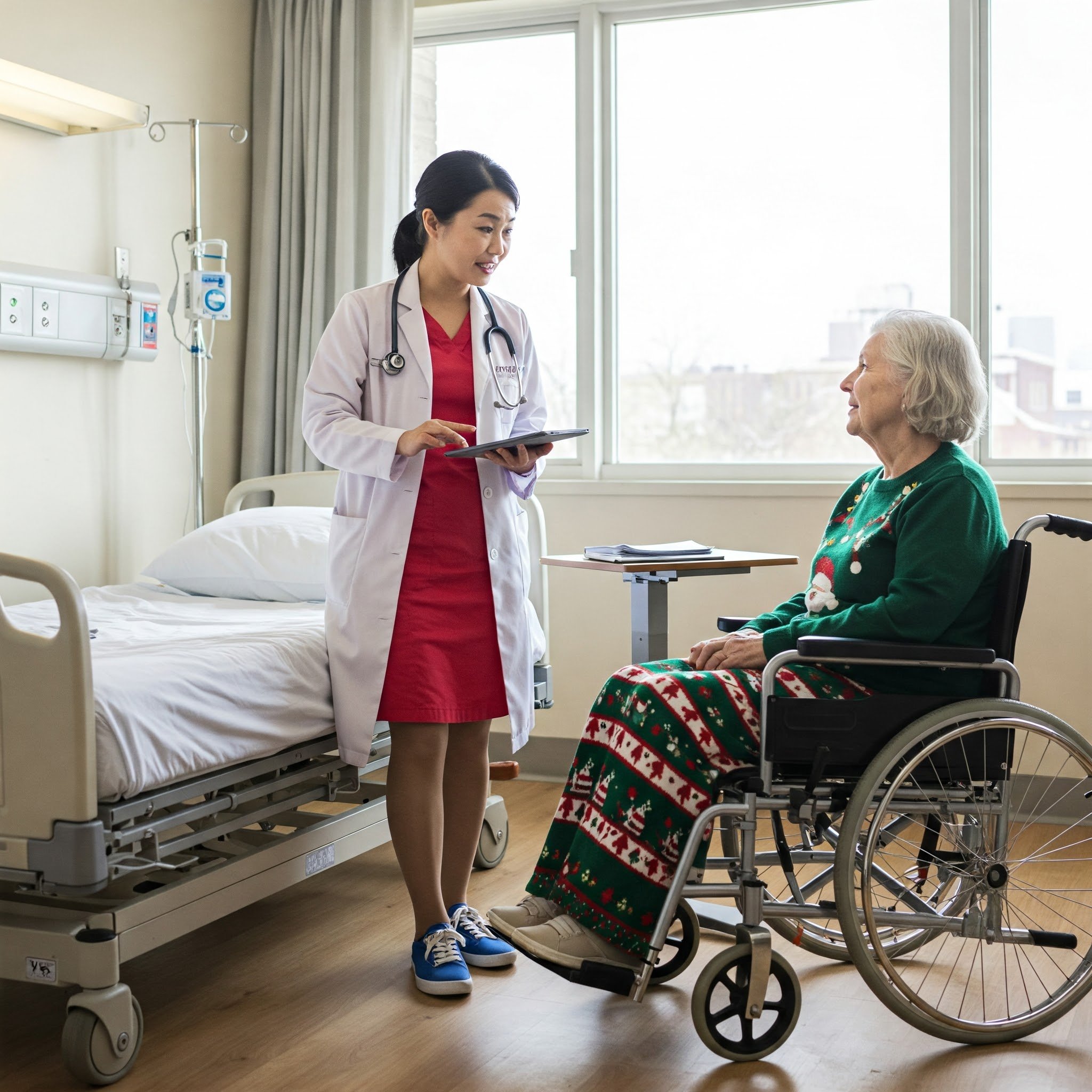Doctor talking to elderly woman in wheelchair in hospital room. Assisted Living, Independent Living, Acute Care, Cost Savings, Cost Optimization