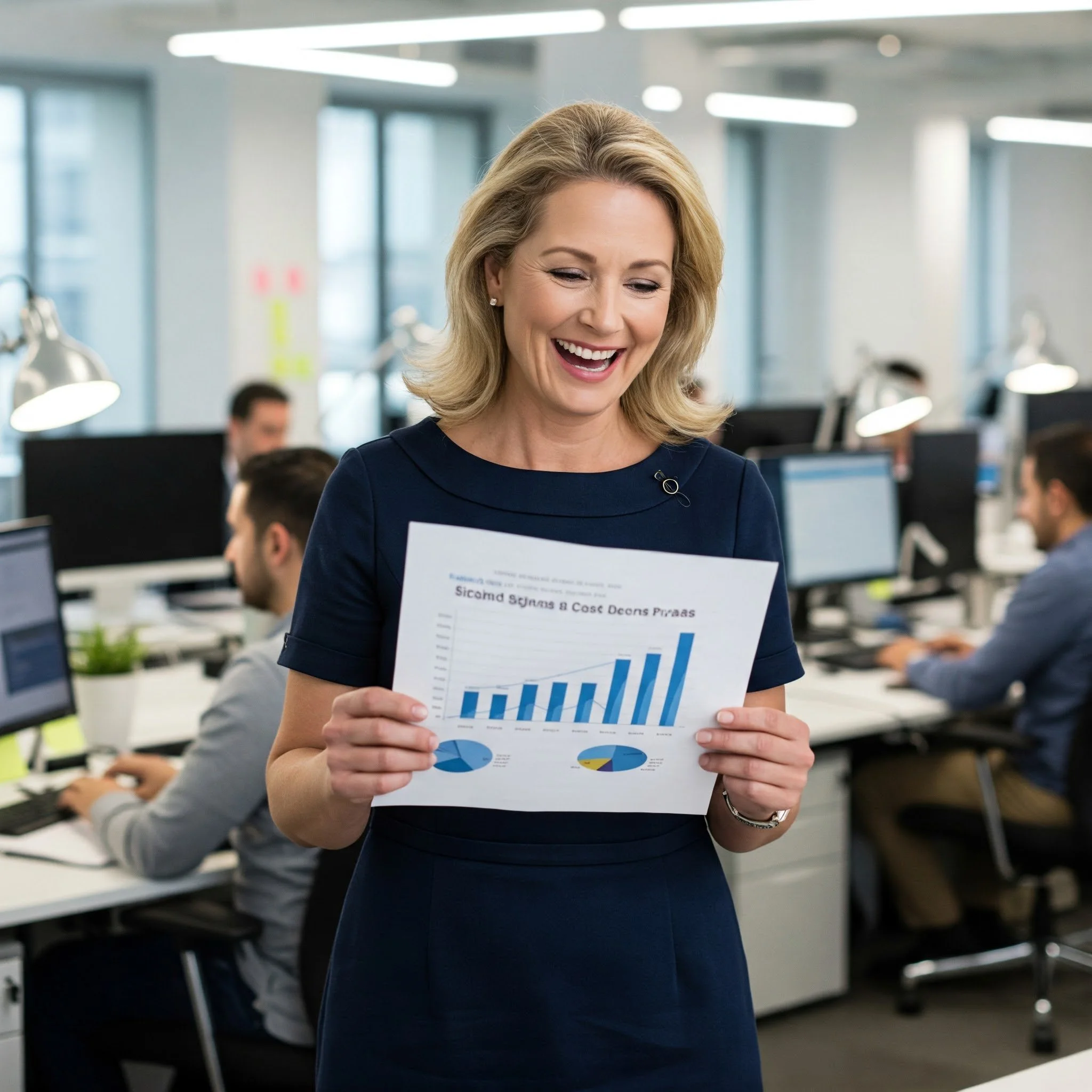 Businesswoman holding a paper with charts in an office setting, smiling at a positive savings report, with coworkers working at computers in the background. Cost Reduction, TEM, Savings,