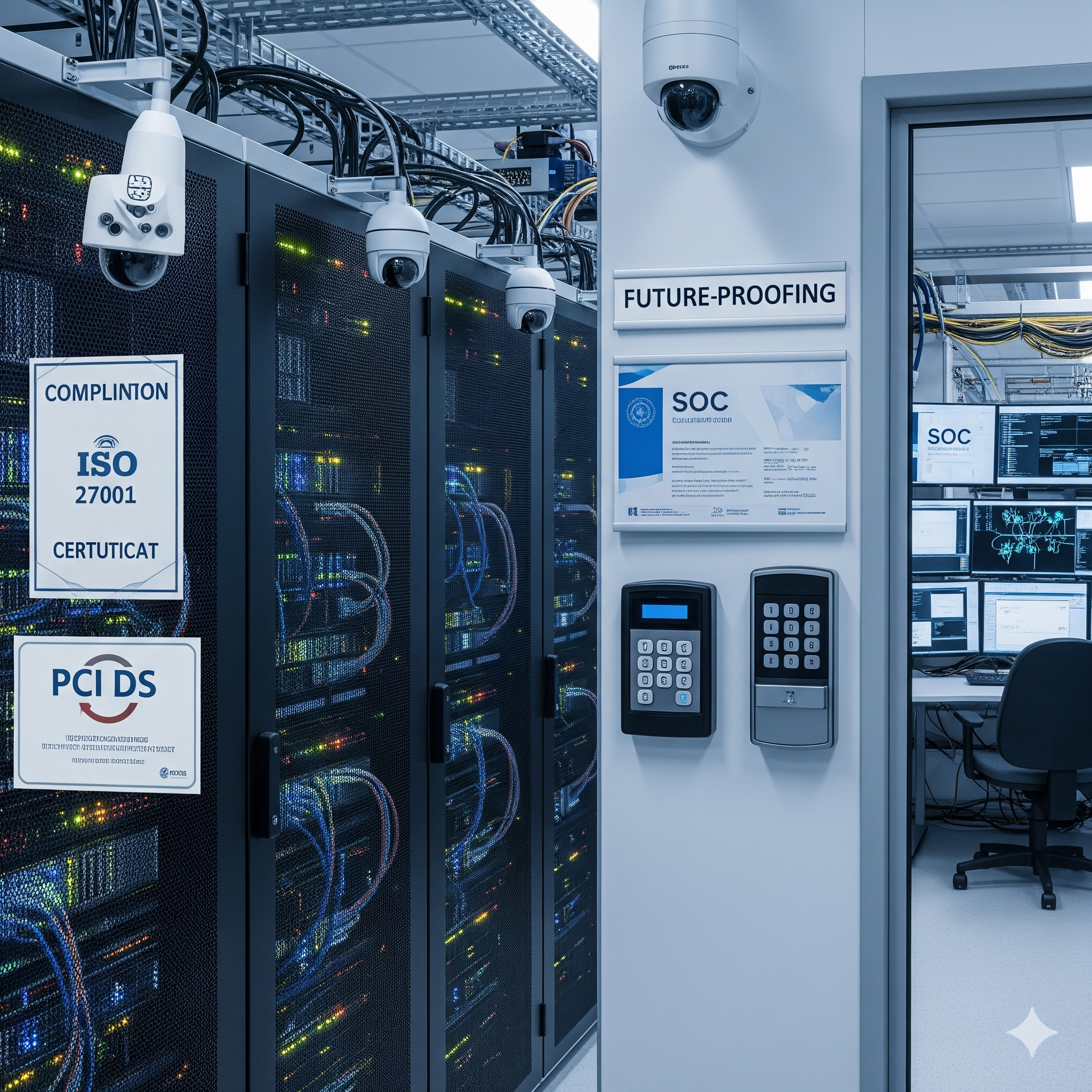 Server room with black server racks, security cameras mounted on the wall, and computer monitors in a separate control room; signs indicating compliance standards and future-proofing.