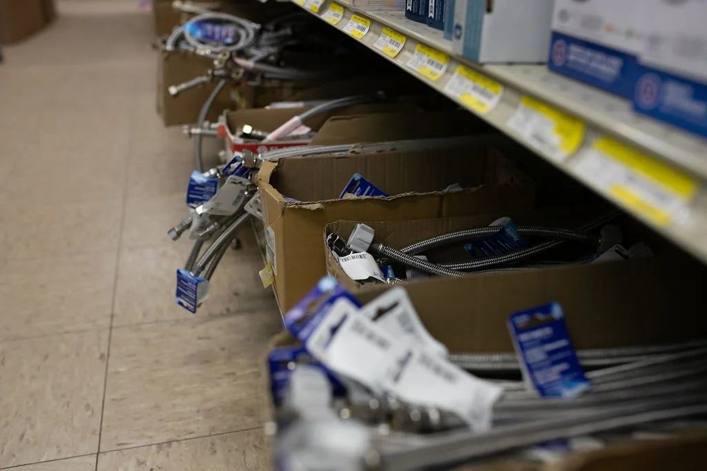 Water heater hoses and connection lines on display at Felton Hardware in Delaware.