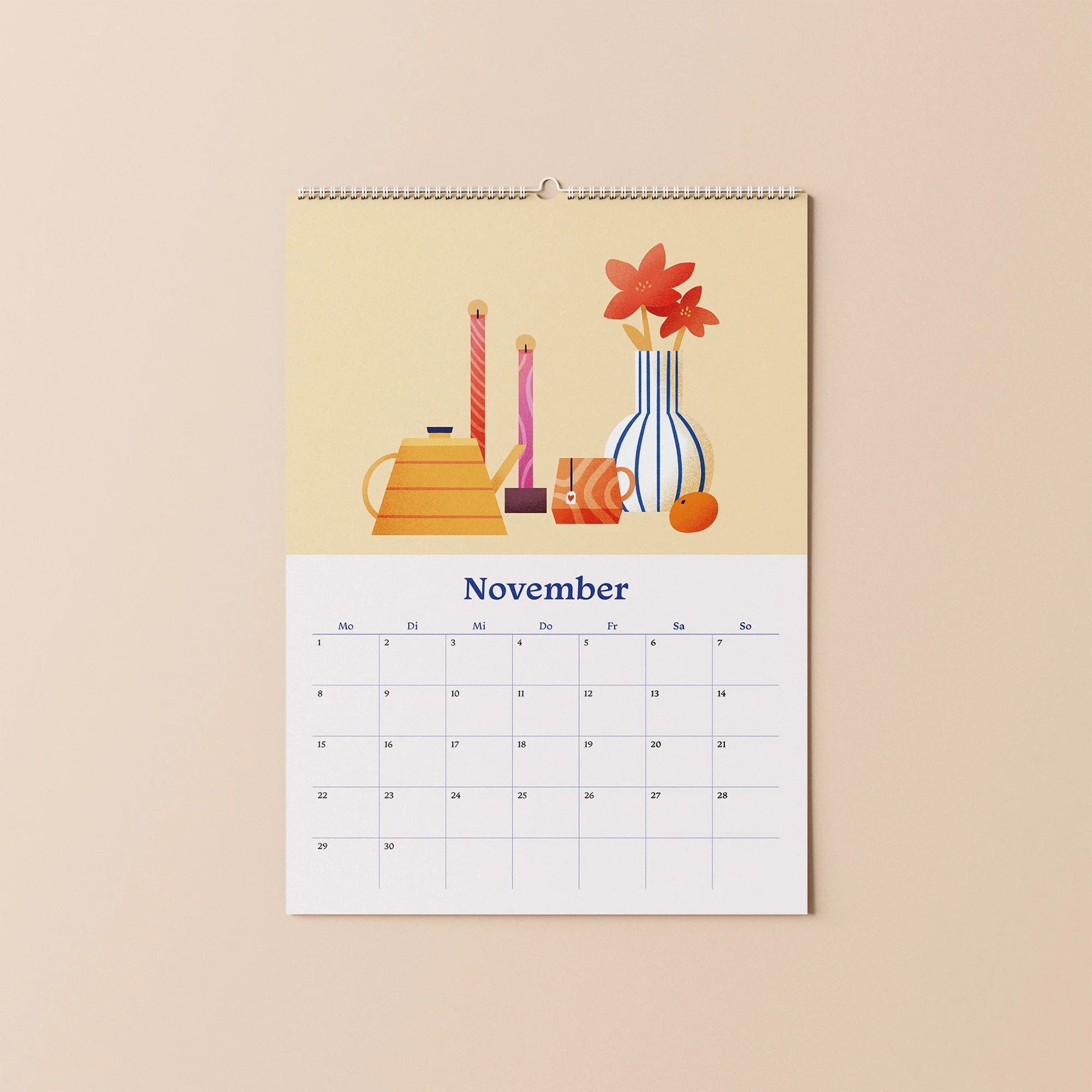 Kalender 2027 Monatsblatt November – illustriertes Stillleben mit Kerzen und Vase auf hellgelbem Hintergrund
