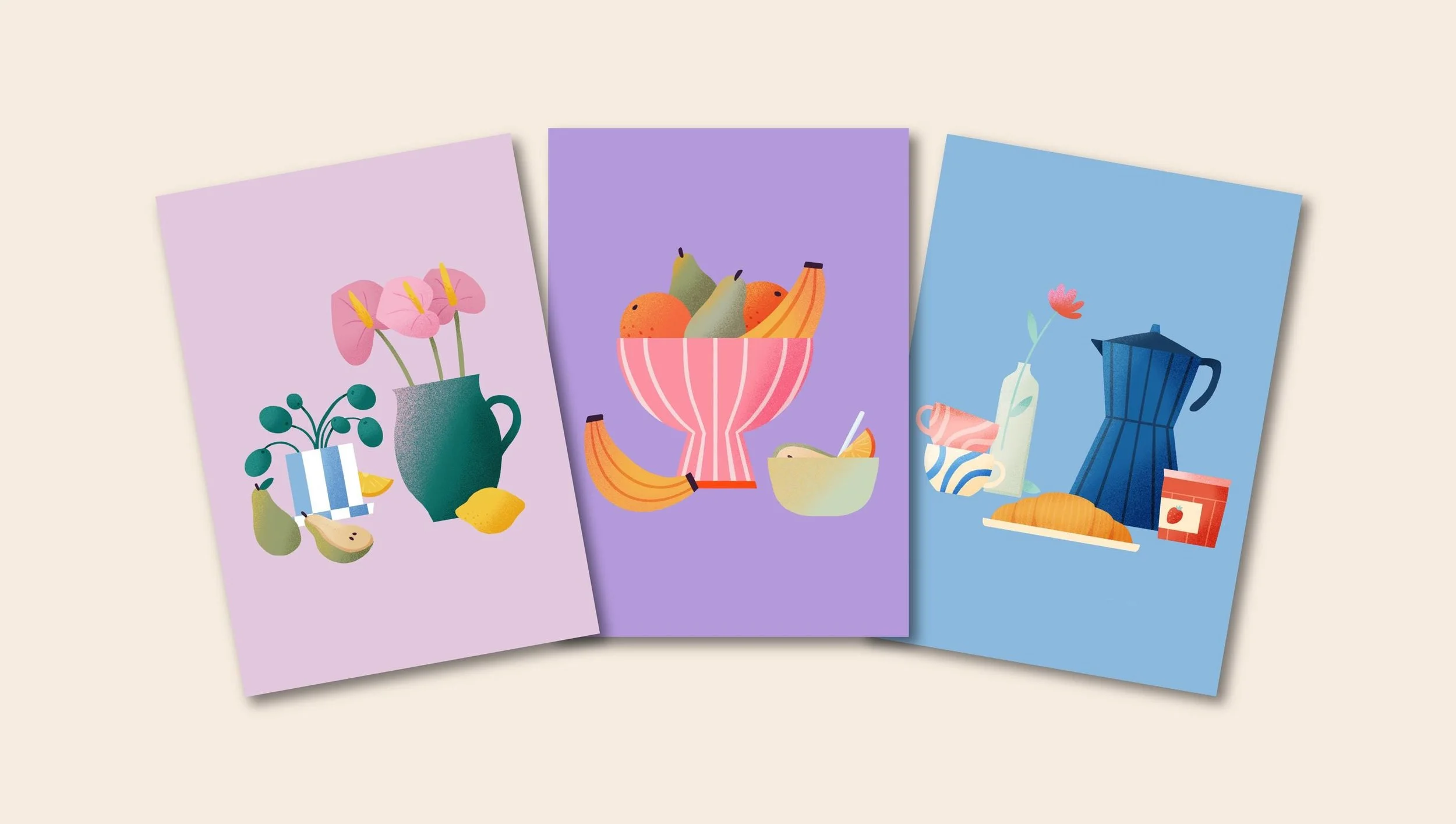 Stillleben Obst & Küche 3er Postkartenset – Illustration von Svea Hansohn