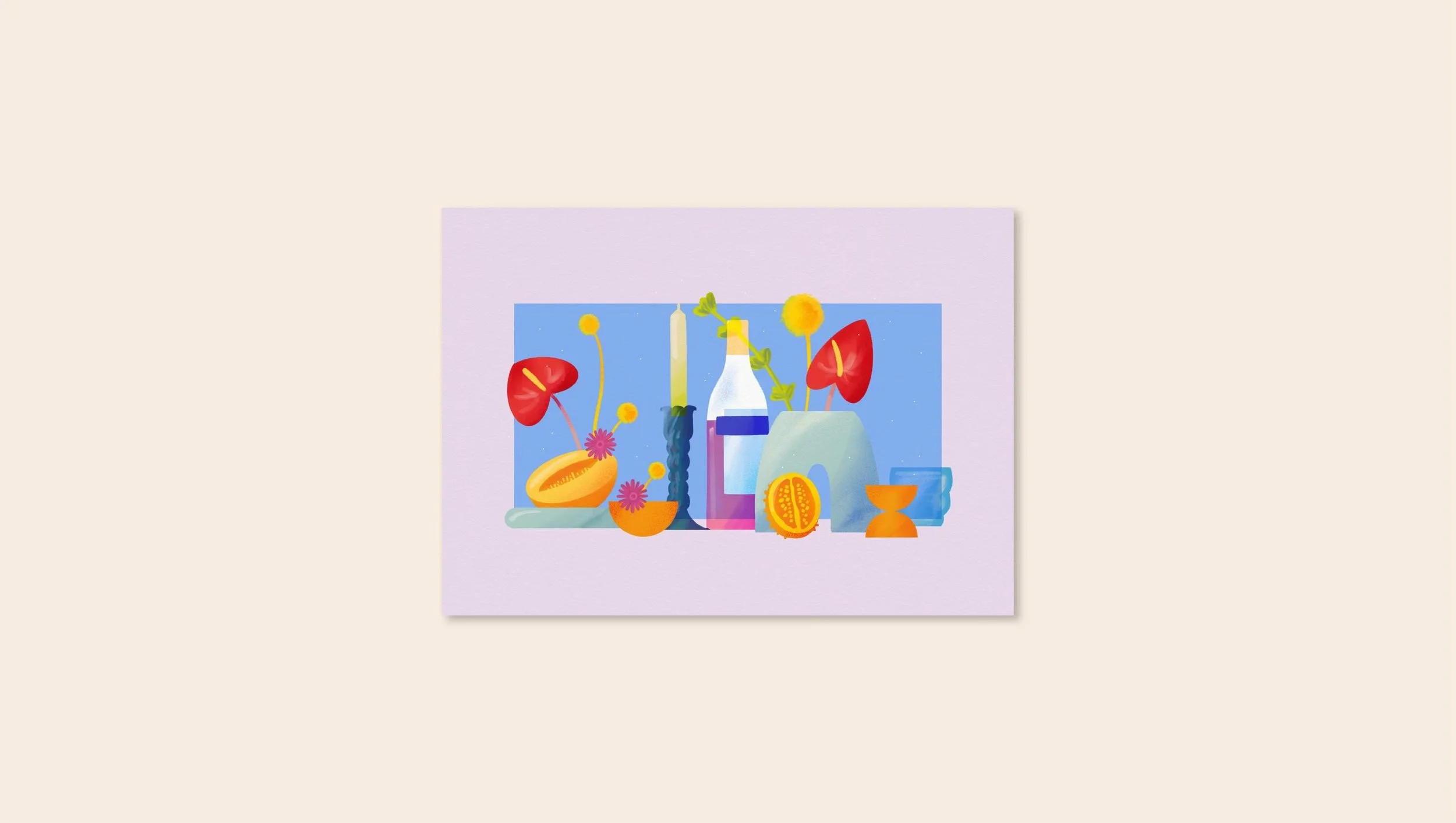 Buntes Stillleben Postkarte A6 – Illustration von Svea Hansohn