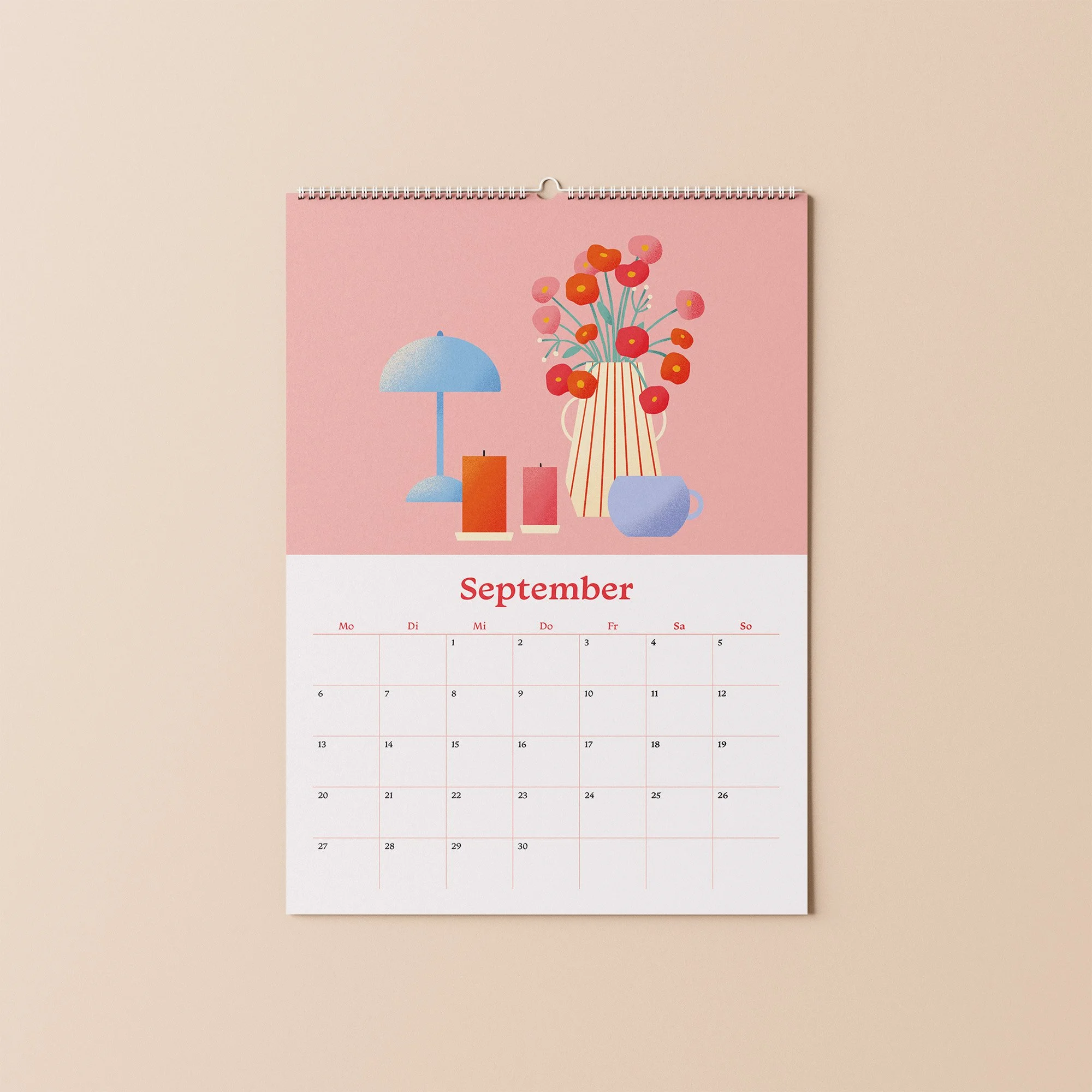 Kalender 2027 Monatsblatt September – illustriertes Stillleben mit Lampe und Blumen auf rosa Hintergrund