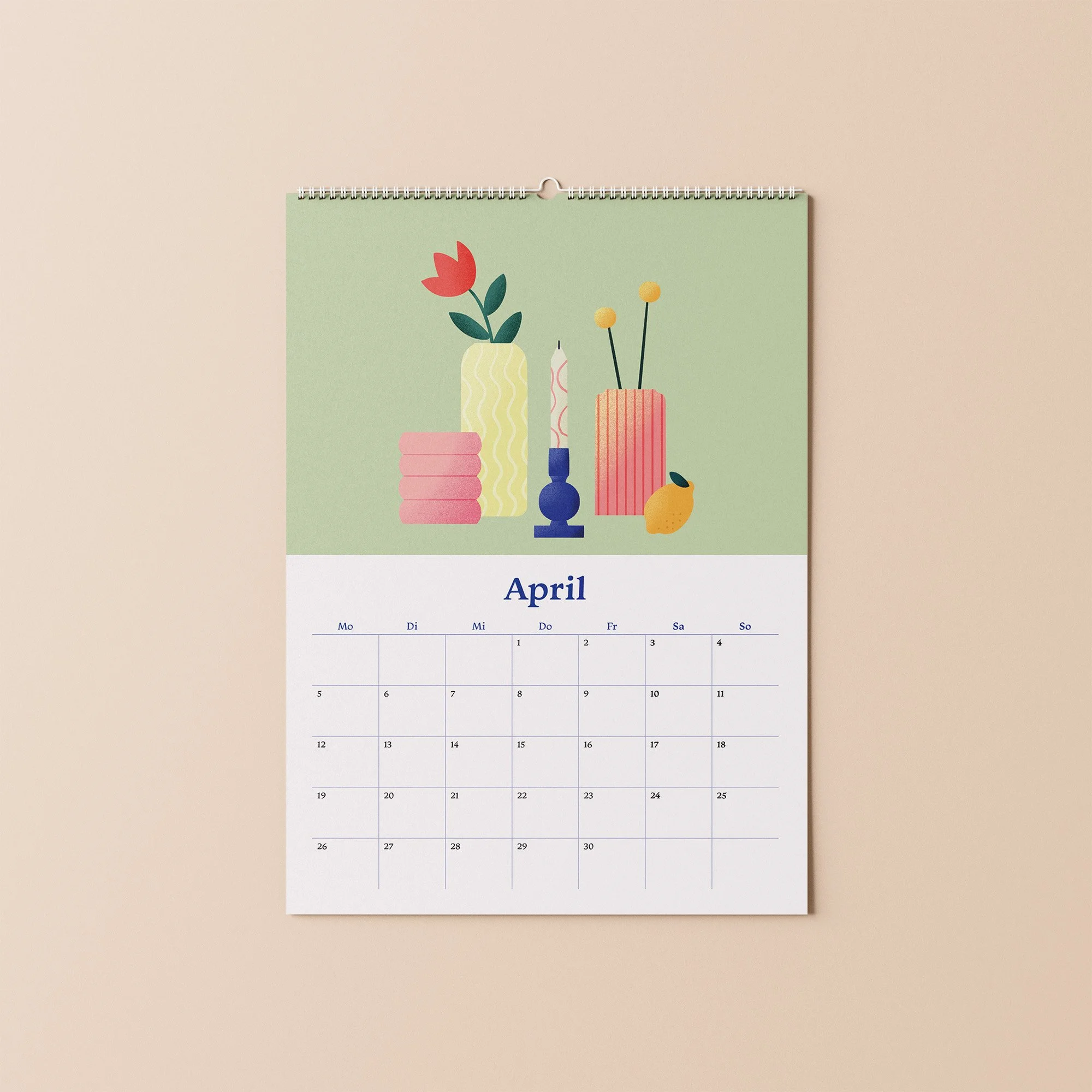 Kalender 2027 Monatsblatt April – illustriertes Stillleben mit Blumen in Vasen auf grünem Hintergrund
