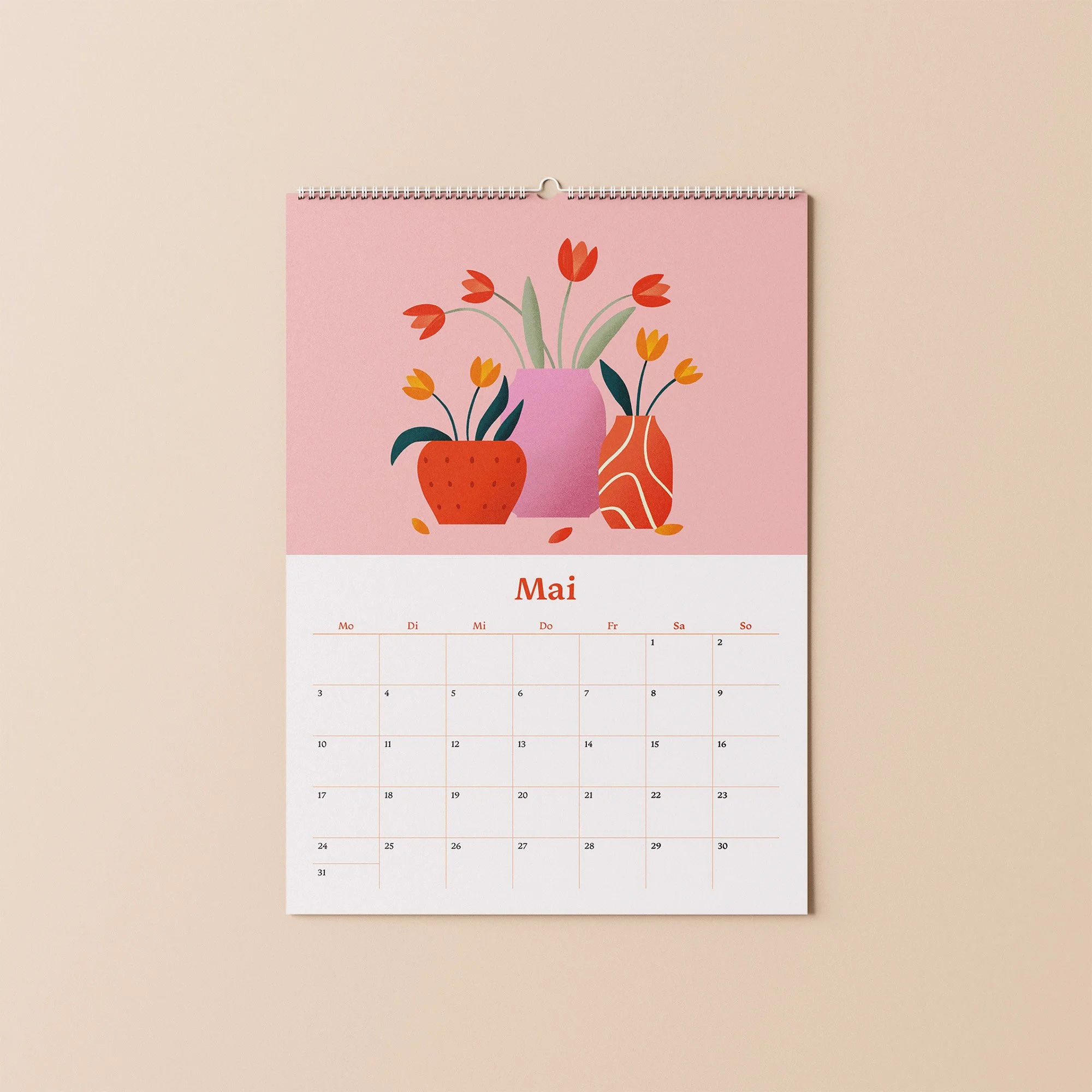 Kalender 2027 Monatsblatt Mai – illustriertes Stillleben mit roten Blumen in einer Vase auf rosa Hintergrund