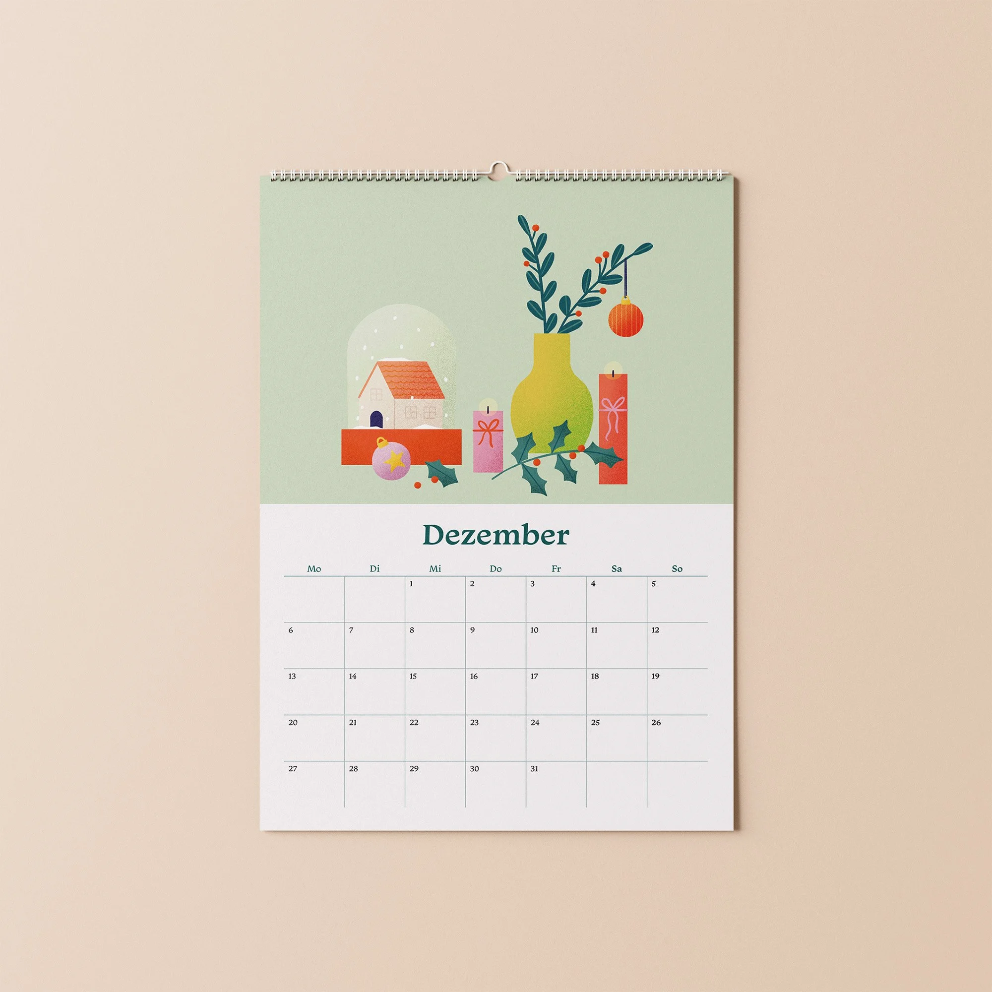 Kalender 2027 Monatsblatt Dezember – illustriertes Winter-Stillleben mit Zweigen in einer Vase auf grünem Hintergrund