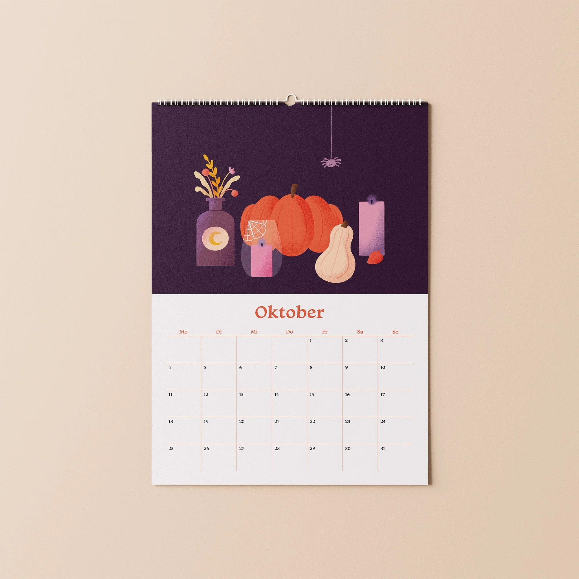 Kalender 2027 Monatsblatt Oktober – illustriertes Herbst-Stillleben mit Kürbissen auf dunklem Hintergrund