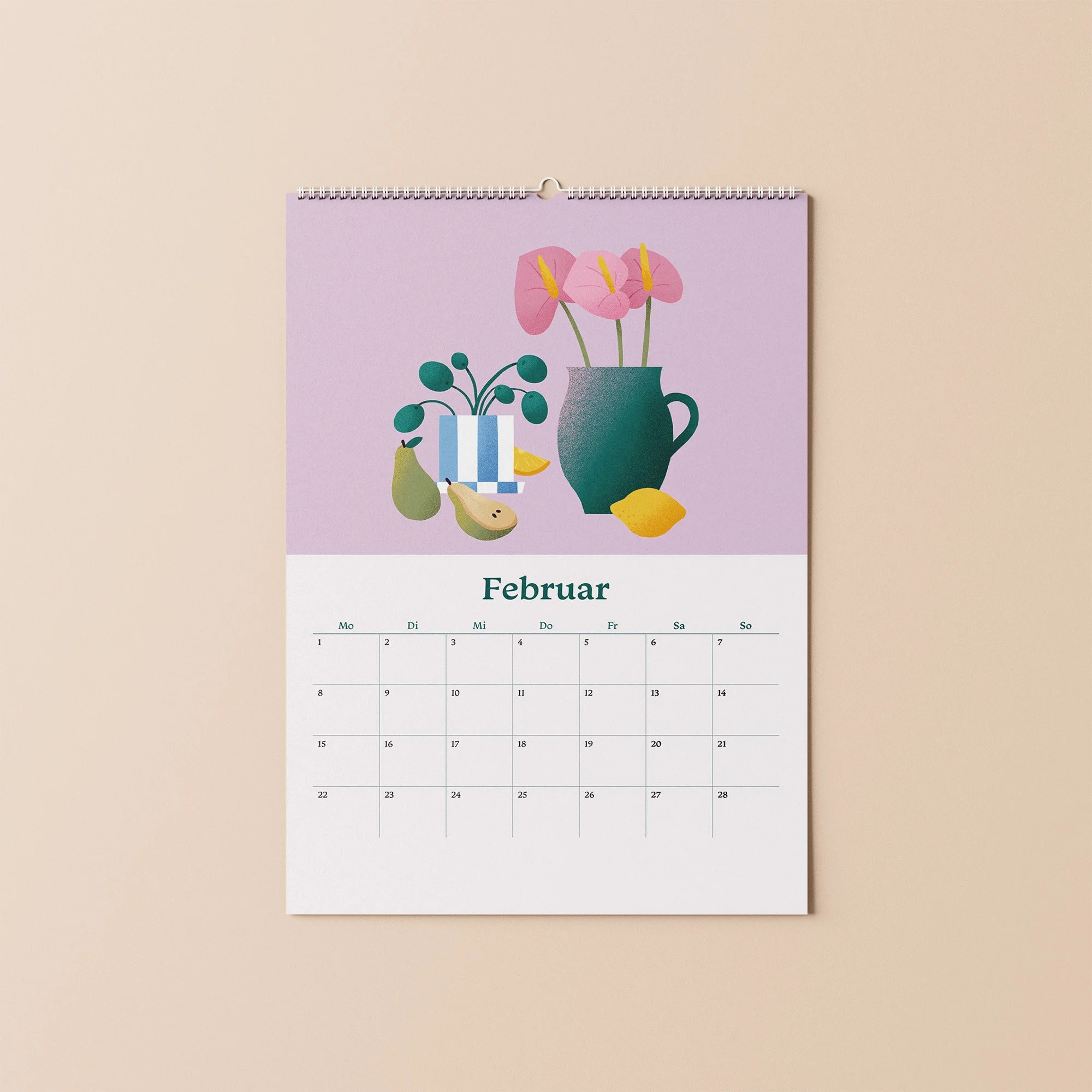 Kalender 2027 Monatsblatt Februar – illustriertes Stillleben mit Blumen in Vasen auf lila Hintergrund