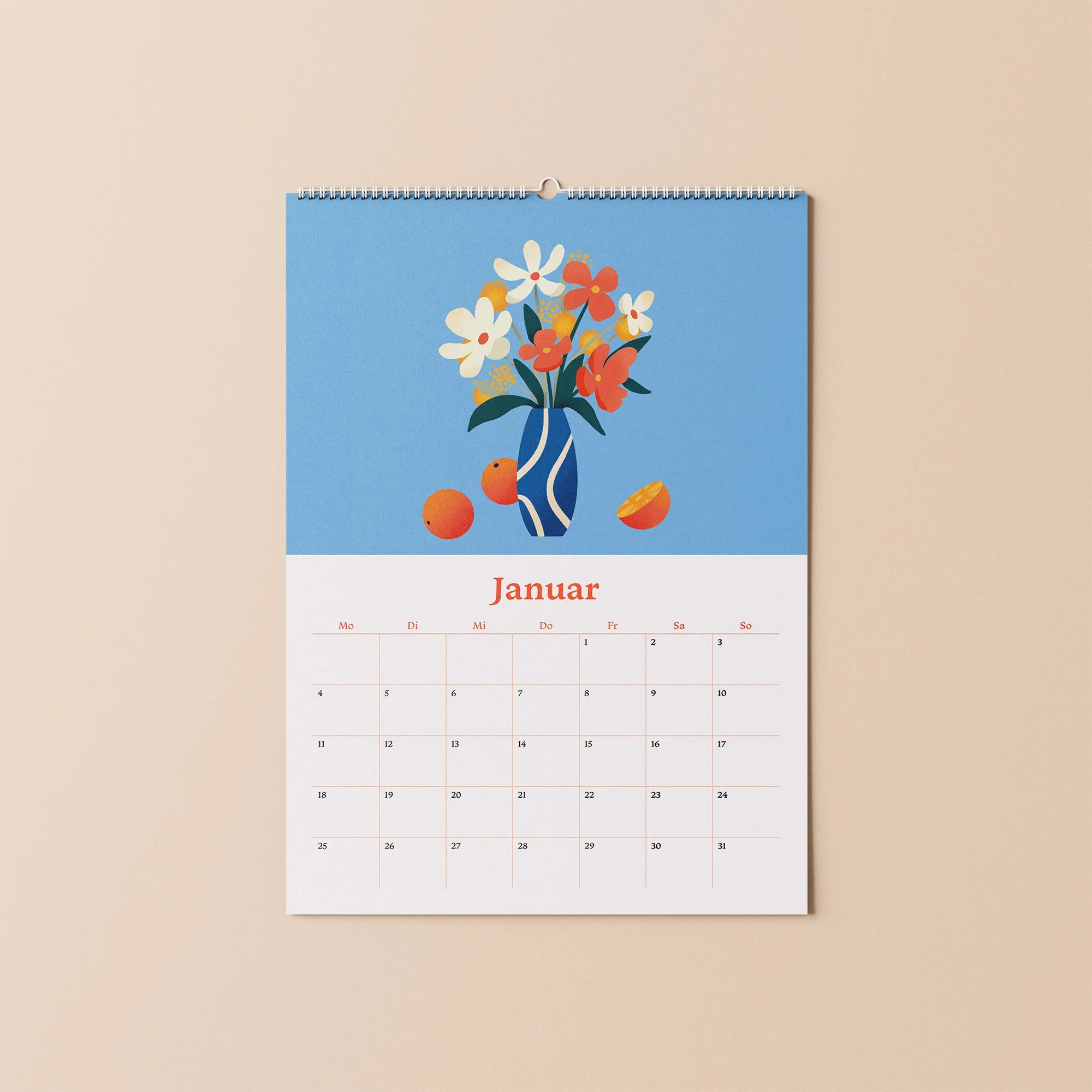 Kalender 2027 Monatsblatt Januar – illustriertes Stillleben mit Blumenstrauß auf blauem Hintergrund