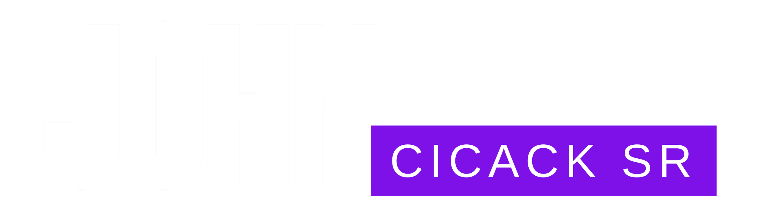 Logo with large white text 'JOHN' and purple background with white text 'CICACK SR' on a black background.