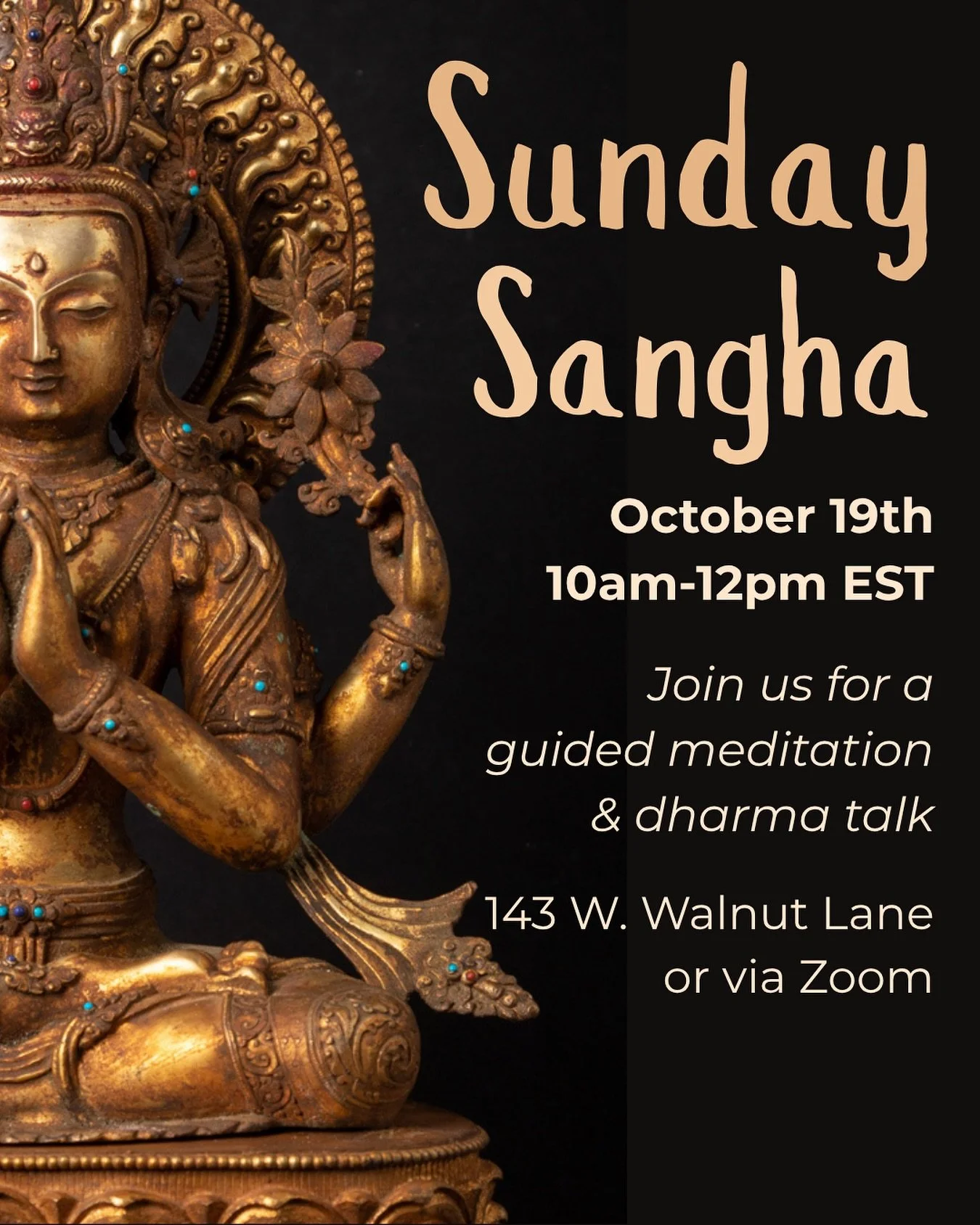 Join us October 19th for a guided meditation and dharma talk with our guiding teacher, Sunisa Manning, on What’s our Buddha Nature? Together we’ll explore the innate goodness and awakened potential that lives within each of us. More info