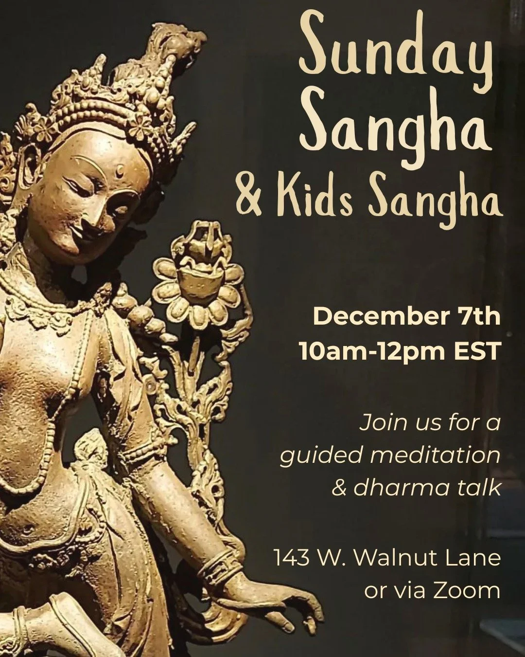 Join us this Sunday for our weekly gathering, where Sunisa will lead guided meditation and offer a dharma talk. 

Children 5 and up are also welcome at Kids Sangha during this time&mdash;Nat will lead the time, including short guided meditations, rea