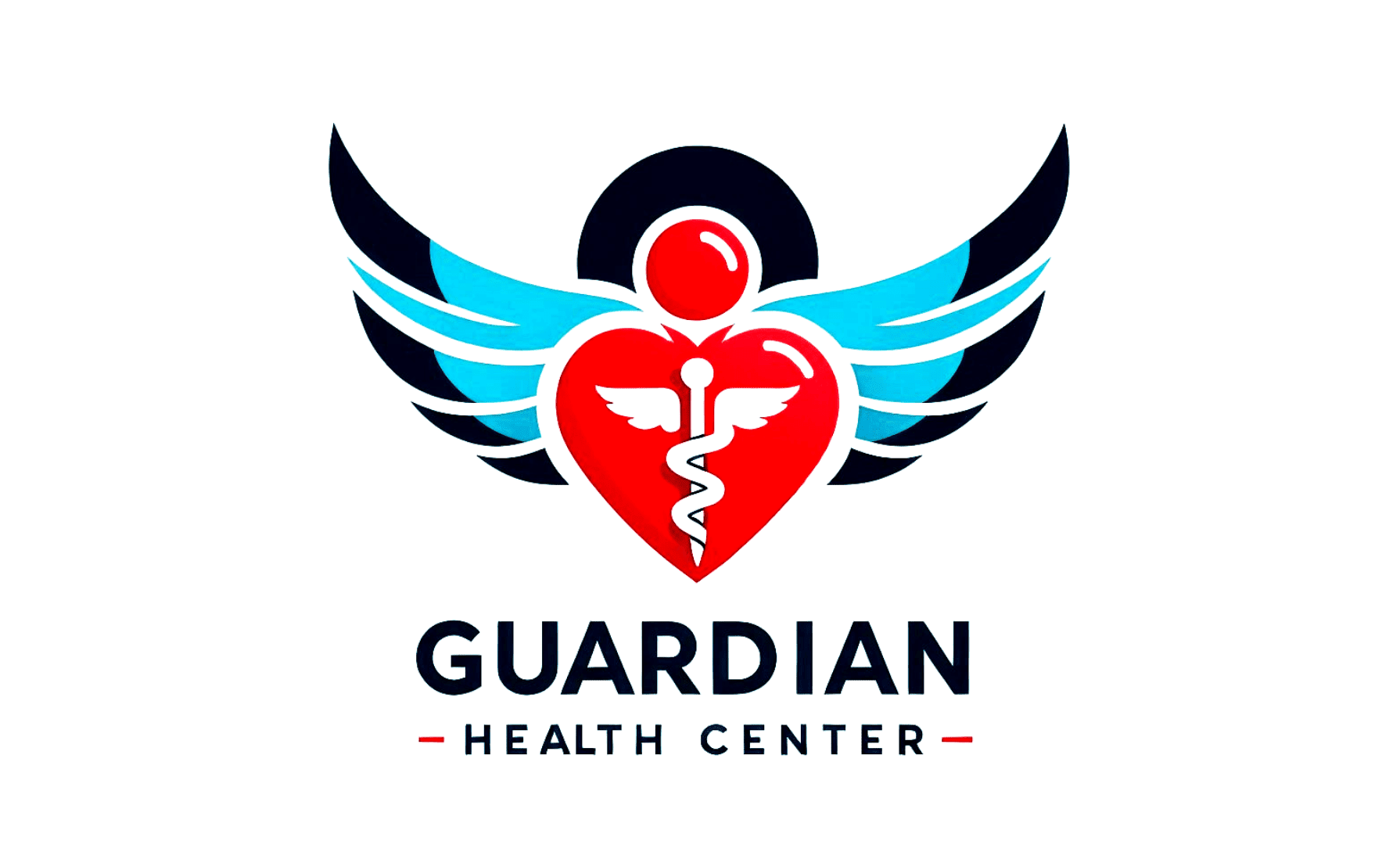Logo for Guardian Health Center featuring a red heart with a white medical caduceus symbol, black and blue wings, and black and red text.