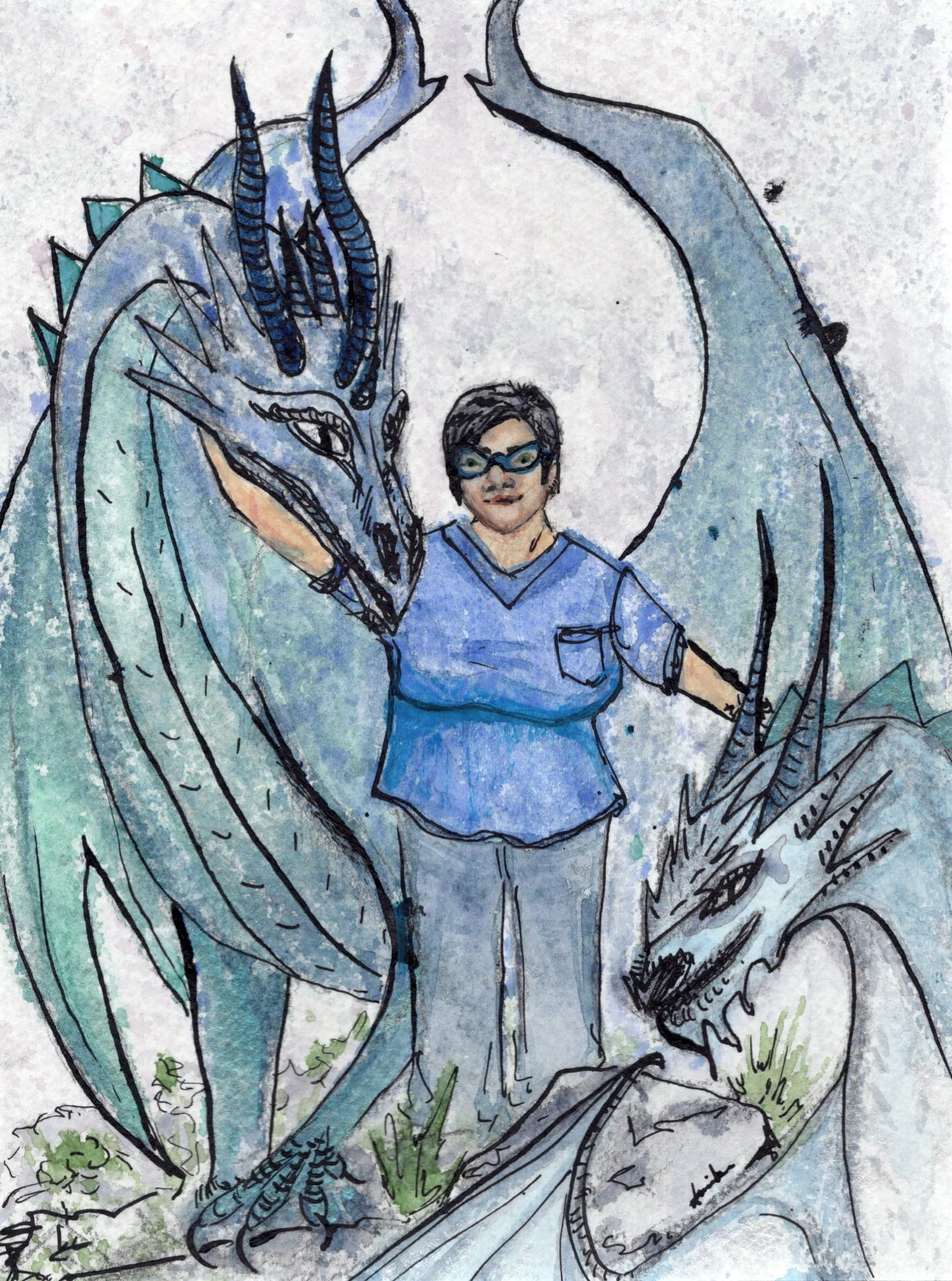"Mom with Dragons"
Watercolor and Ink on Paper
2025 For Family