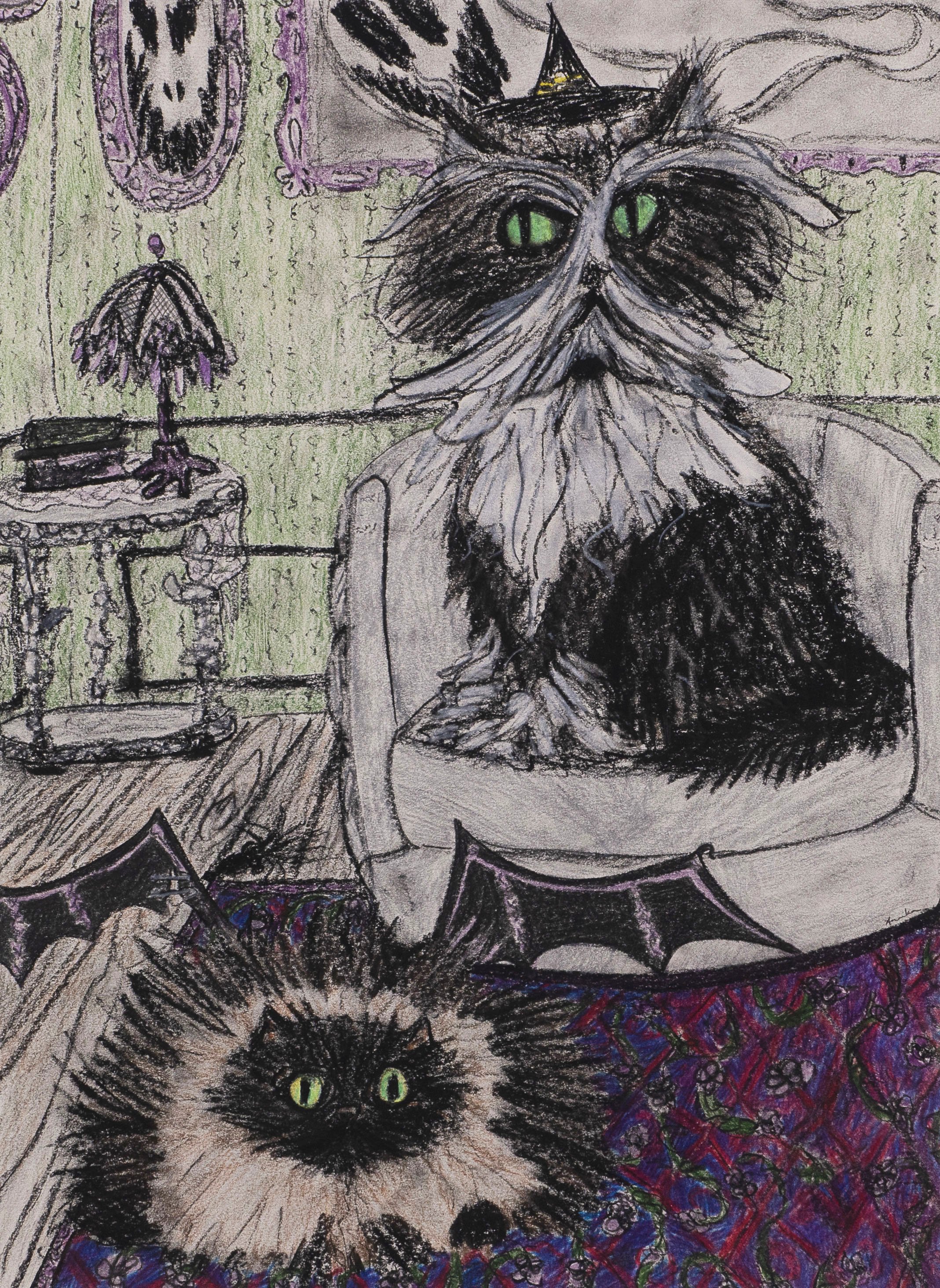 Cats Dressed As Bats Wearing Witches Hats - Art Print