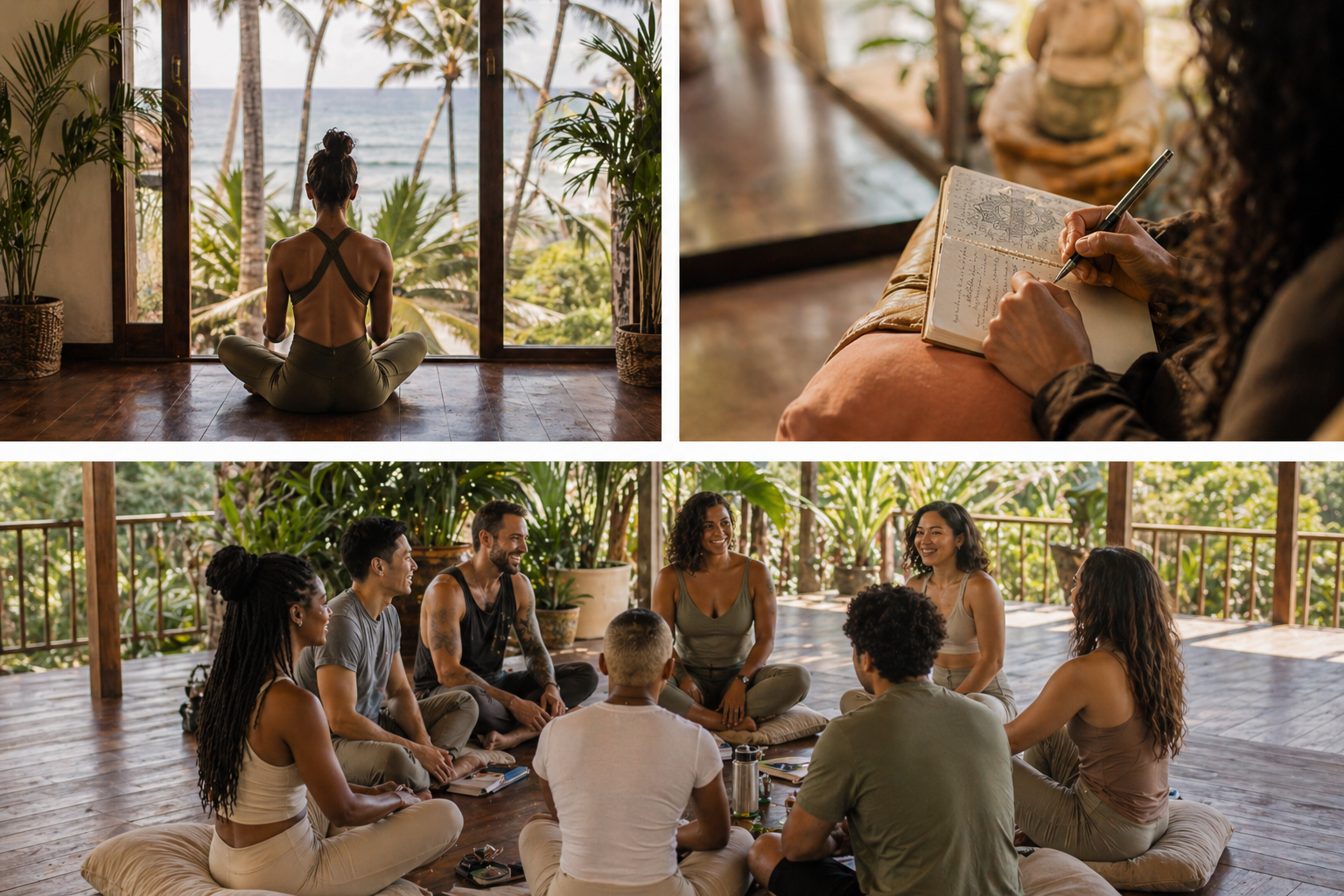 A woman practicing yoga indoors by a window overlooking a beach, a person writing in a journal, and a group of diverse people sitting in a circle and having a discussion on a wooden floor surrounded by plants.