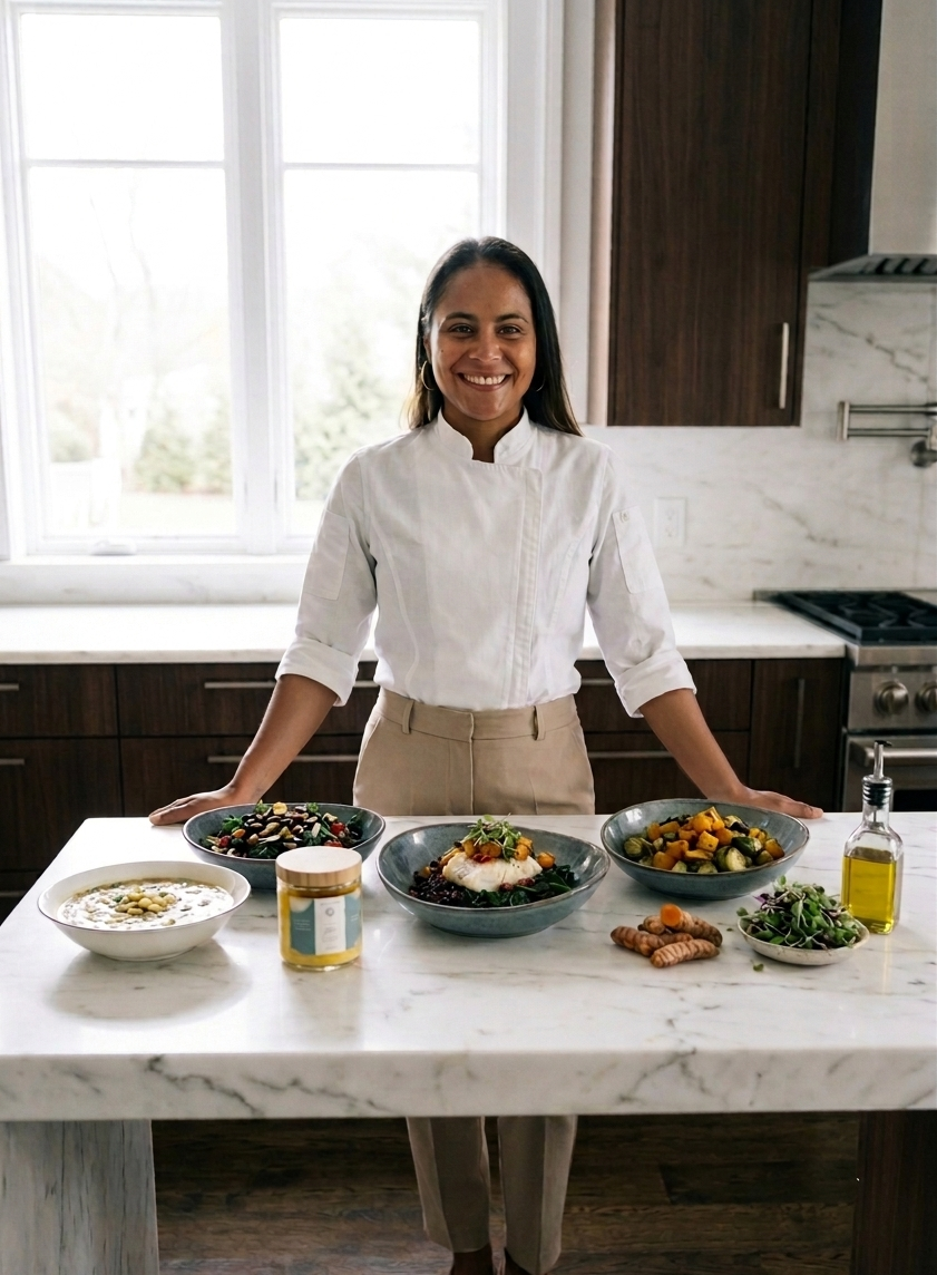Chef Iraimer Ruiz standing behind a marble kitchen island with a variety of plated healthy dishes, herbs, and cooking ingredients in a modern kitchen with large windows.