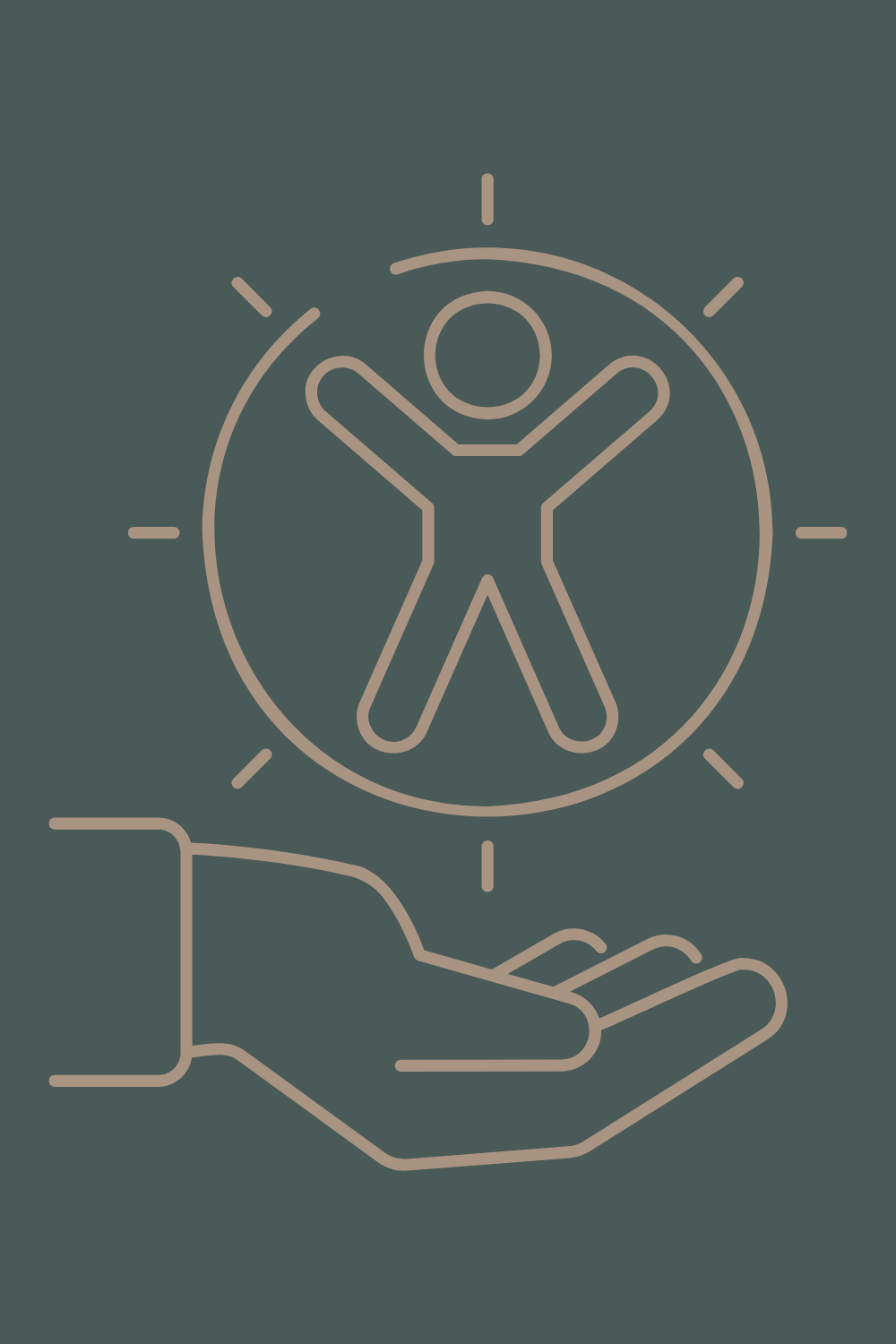 Minimalist icon of a hand holding a clock with a human figure inside it, symbolizing time management or health care.