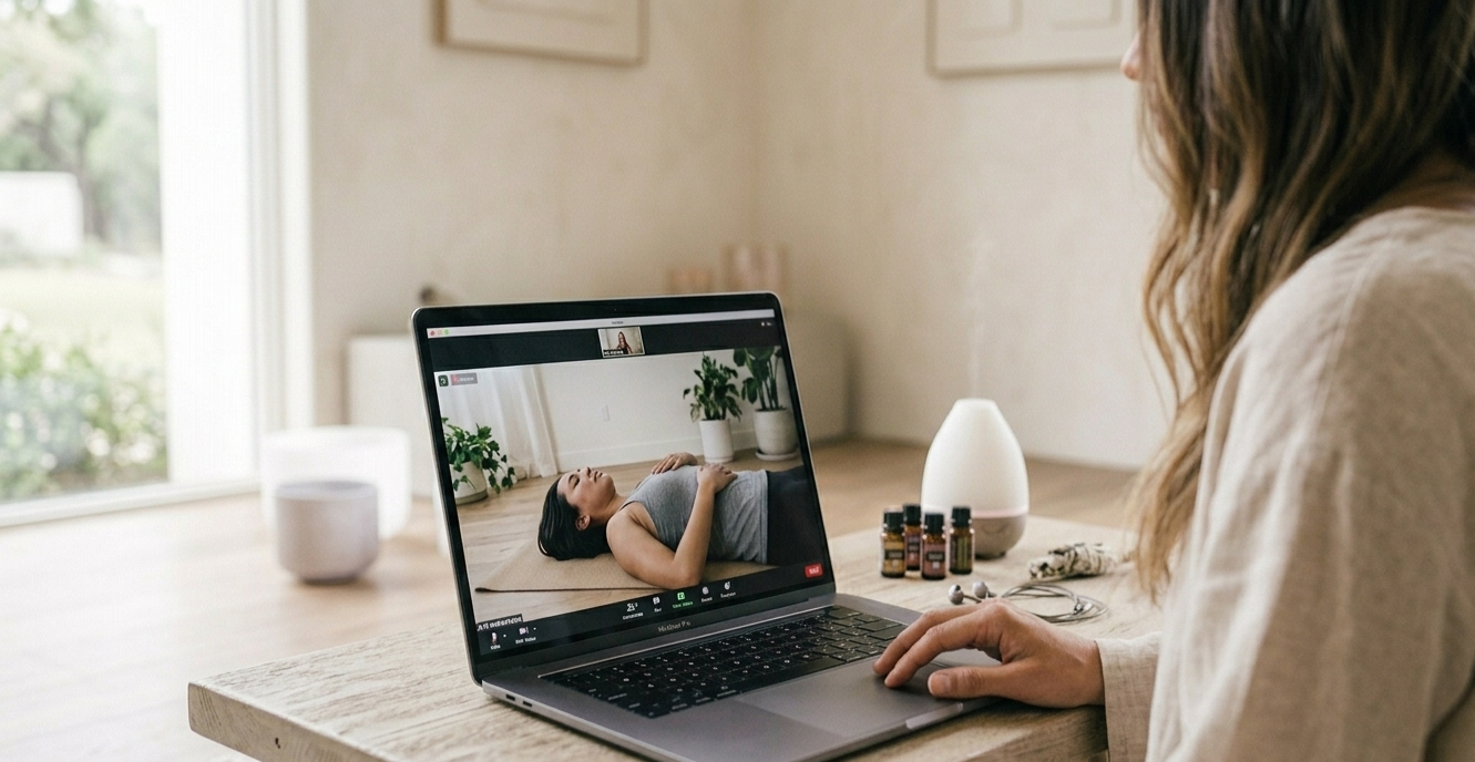 A woman guiding a breathwork session online via zoom to another woman lying down on a yoga mat practicing breathwork at home.