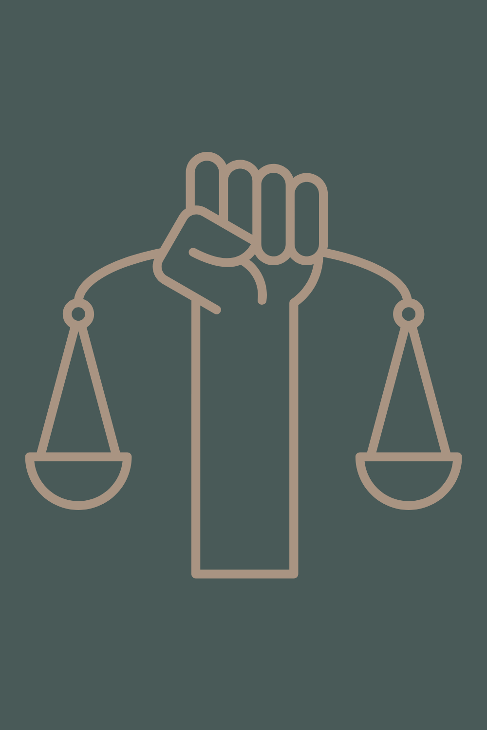 Outline illustration of a hand holding scales, symbolizing justice or law.